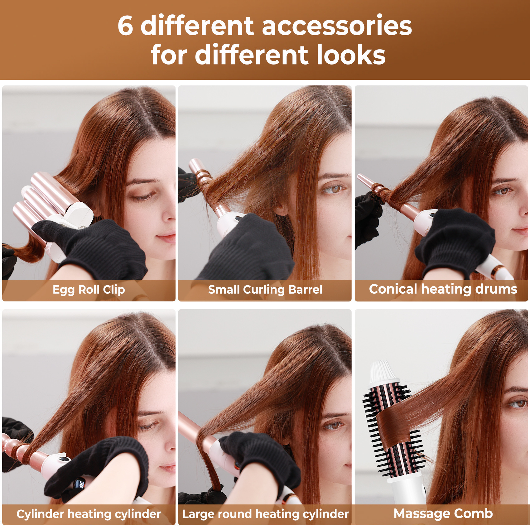 Sechs Bilder zeigen verschiedene Aufsätze für ein Haarstyling-Tool.