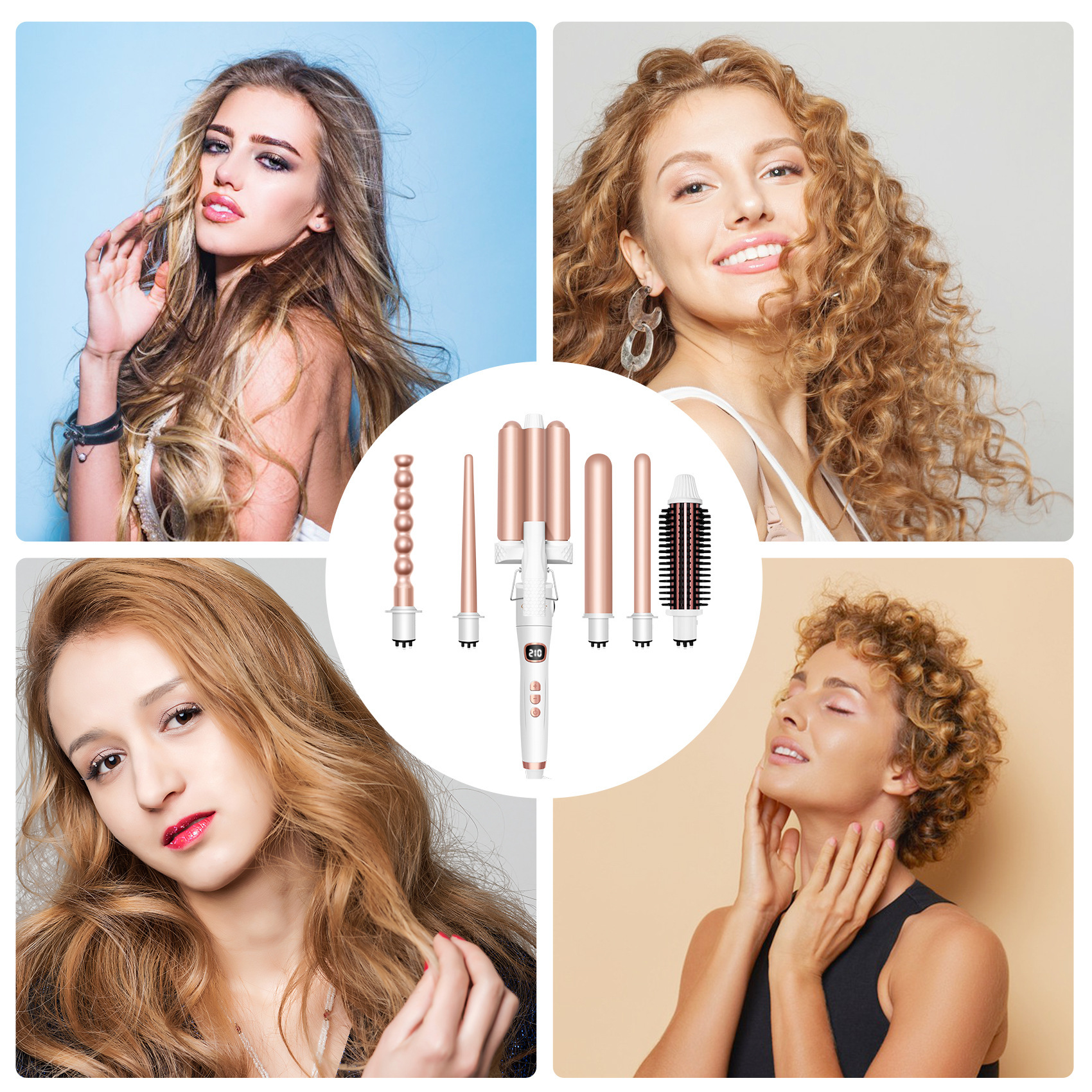 Vier Bilder: Frauen mit gestyltem Haar und einem Haarstyling-Tool.