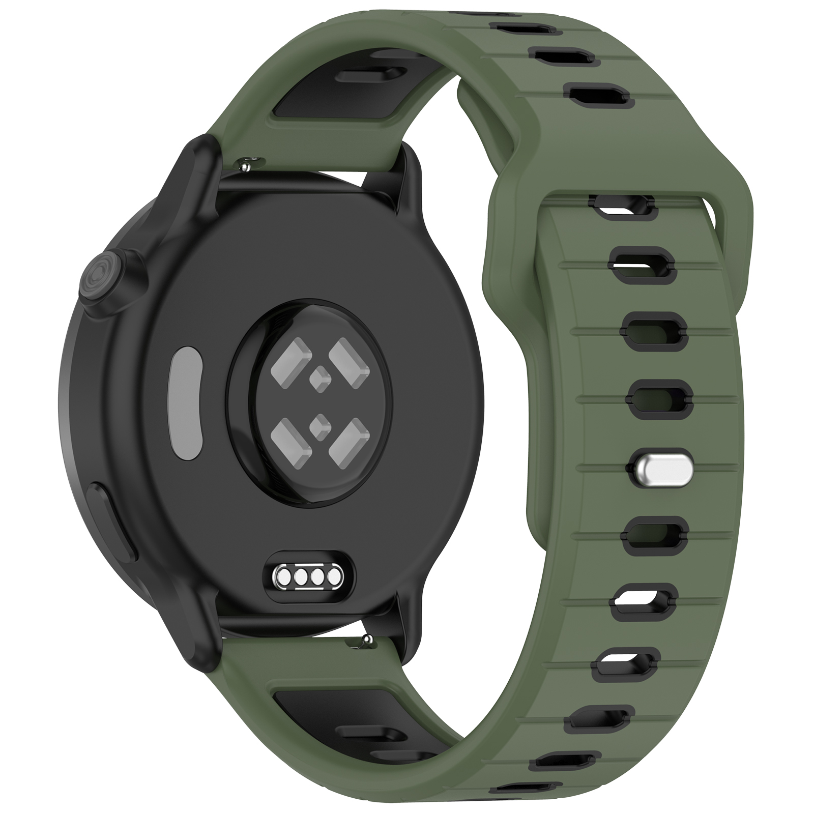 Smartwatch nera con cinturino verde. Parte inferiore visibile con sensori e cinturino collegato.