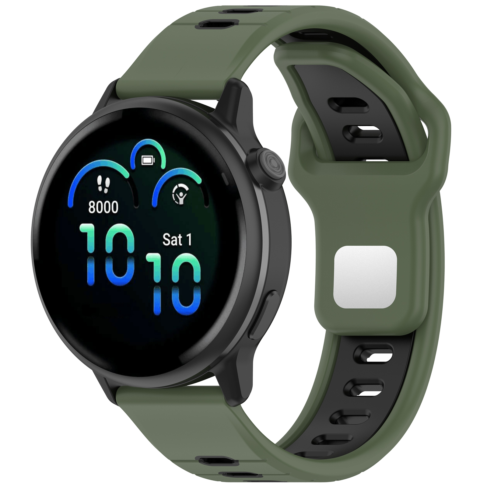 Smartwatch mit grünem Armband und schwarzem Zifferblatt. Zeigt Schritte, Zeit und Akkuladung an.
