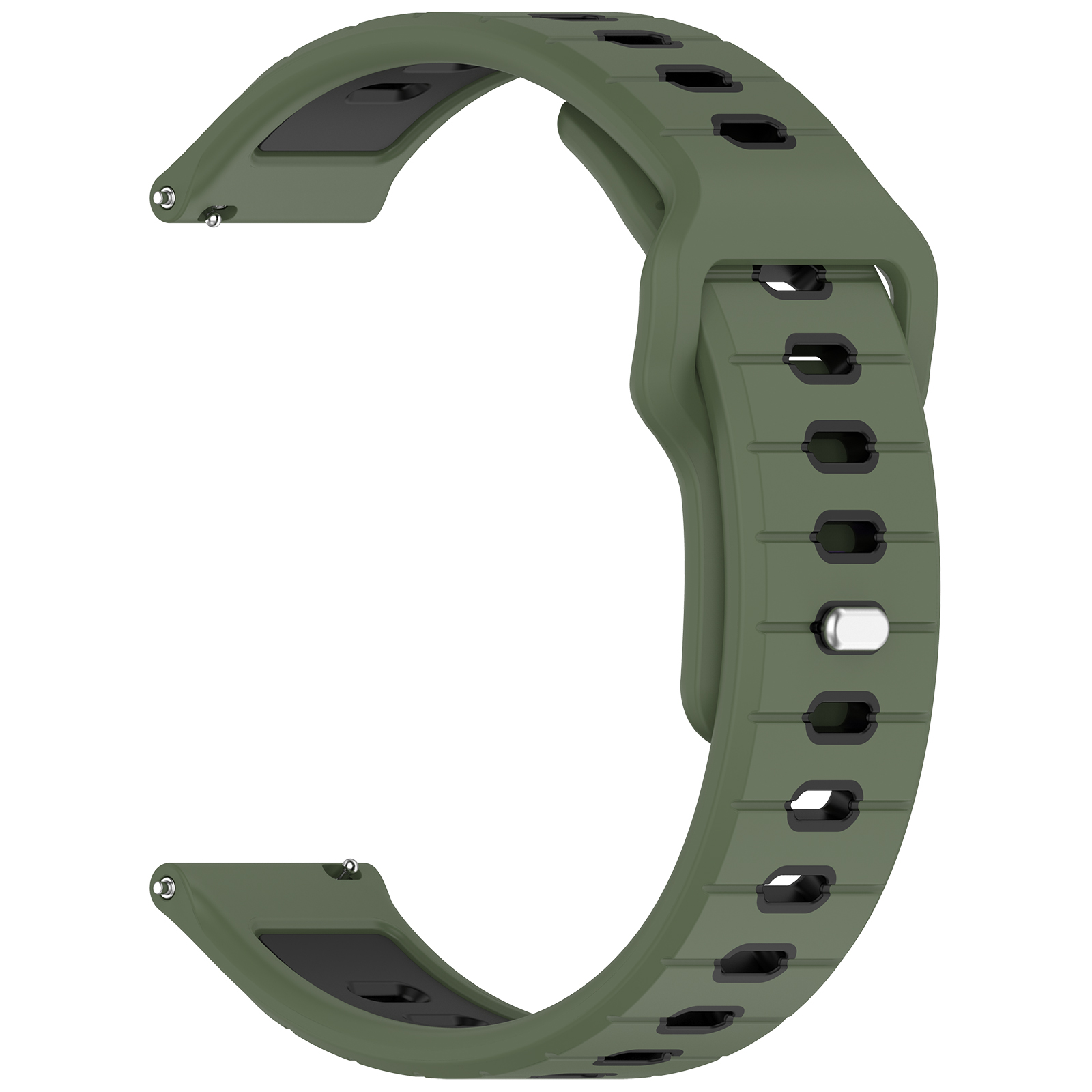 Olivgrünes Uhrenarmband. Es hat Löcher und schwarze Details. Weißer Hintergrund. Es besteht aus Gummi.