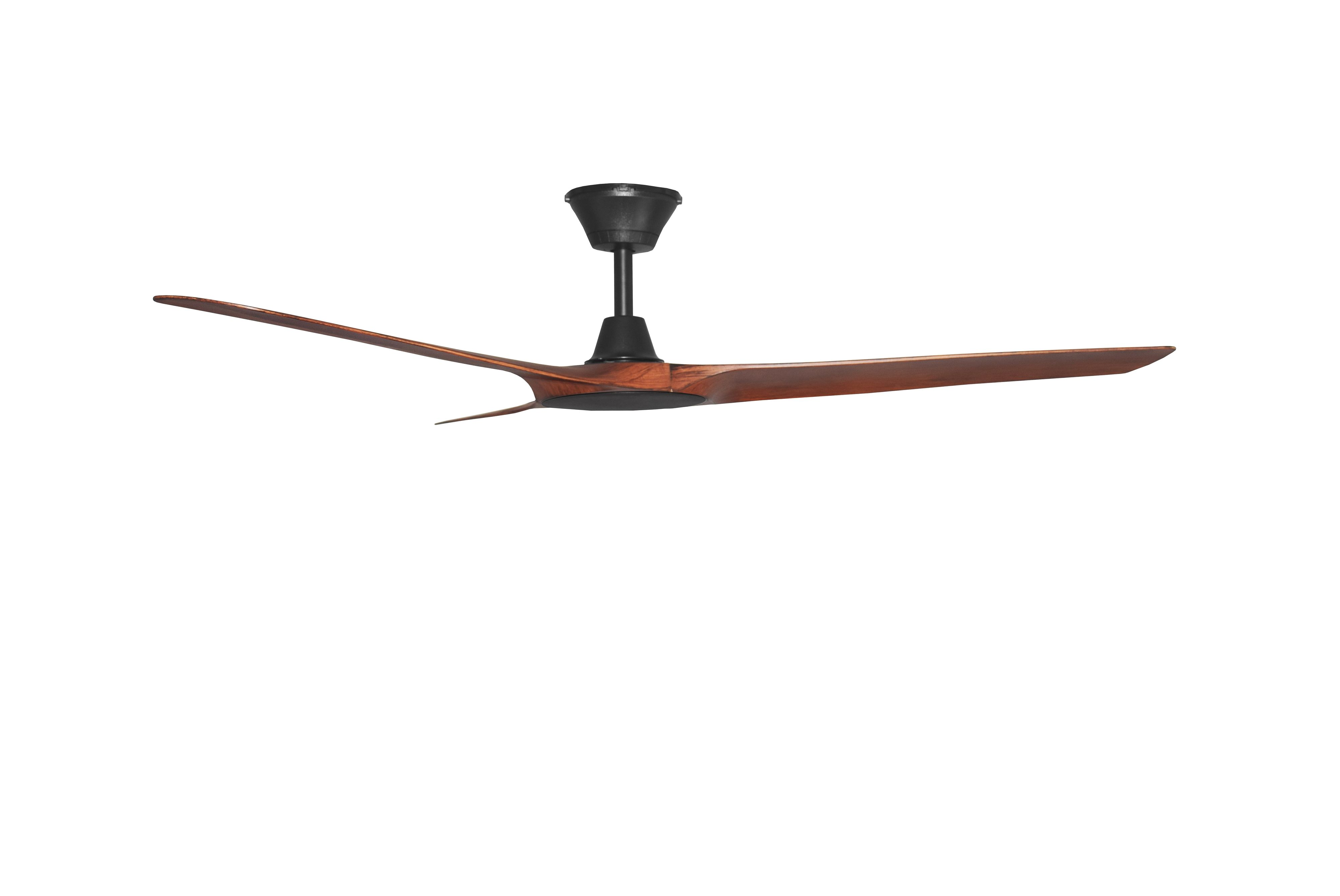 Deckenventilator mit zwei Holzflügeln und einem schwarzen Motor. Weißer Hintergrund.