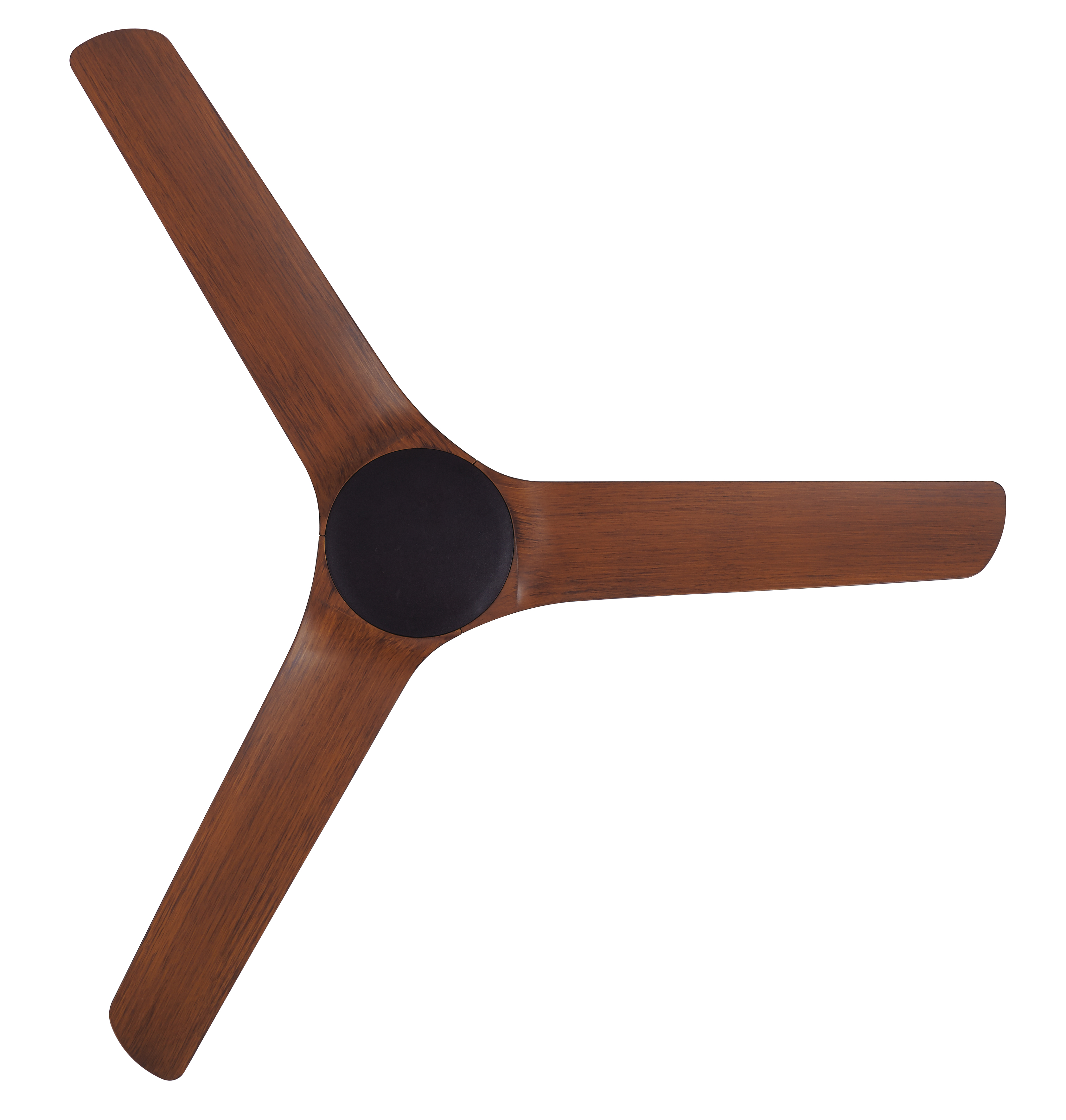 Deckenventilator mit drei Holzflügeln. Schwarze Mitte. Weißer Hintergrund.