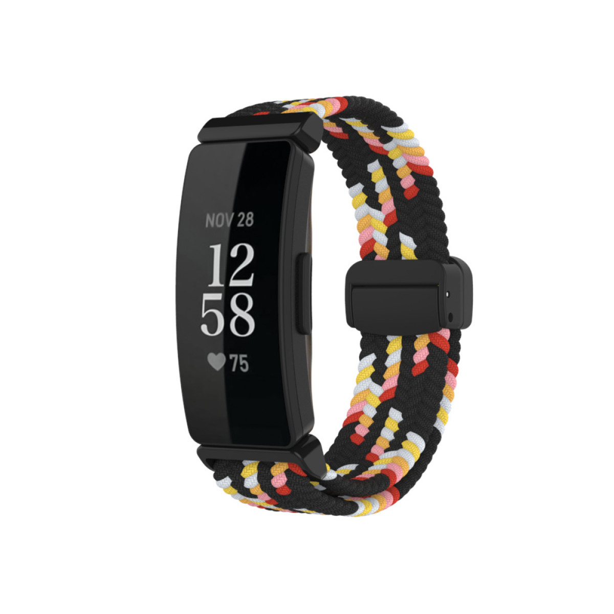 Schwarzer Fitnesstracker mit geflochtenem Band in Schwarz, Gelb, Rot und Weiß. Zeigt Zeit.