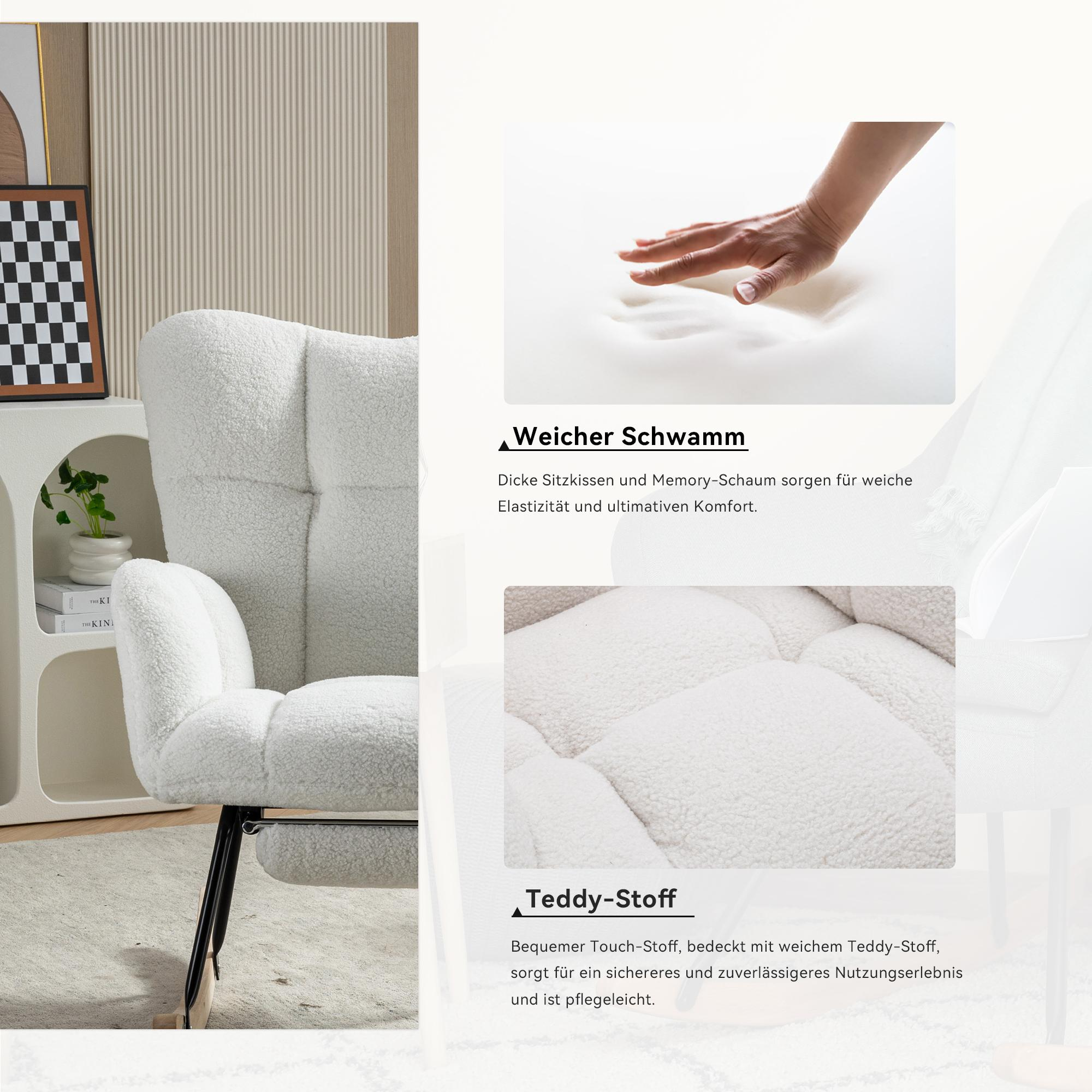 Detaillierte Bilder zeigen den weißen Sherpa-Schaukelstuhl. Nahaufnahmen zeigen Stoff und Design.