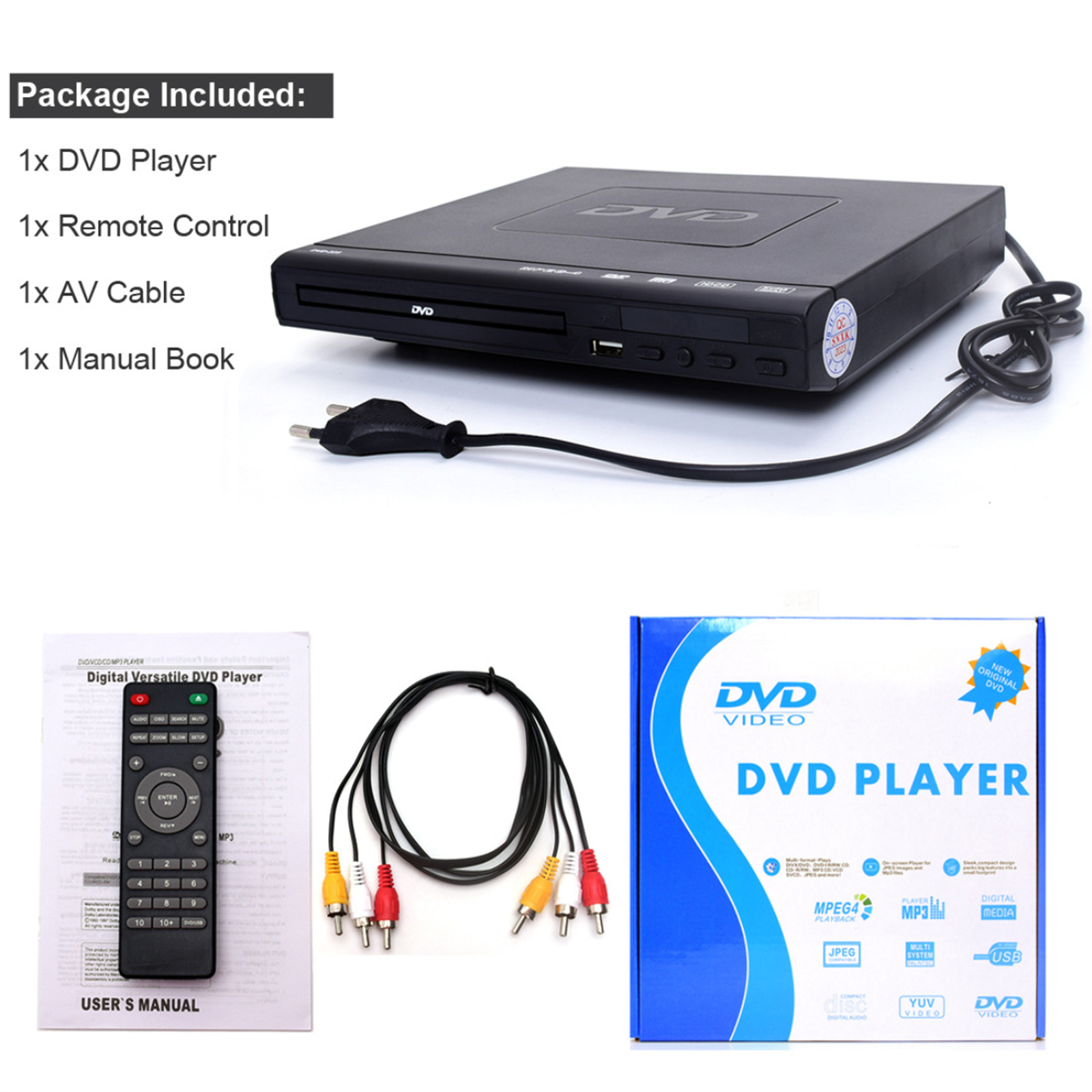 Ein Paket beinhaltet einen DVD-Player, Fernbedienung, AV-Kabel, ein Handbuch und eine DVD-Box.