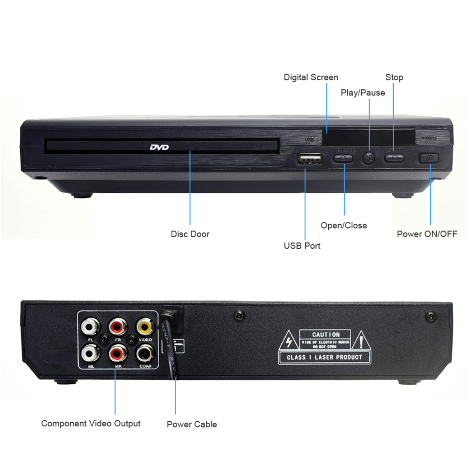 Zwei Ansichten eines schwarzen DVD-Players, gekennzeichnete Teile sind die Disc-Tür, Anschlüsse und Einschalttasten.