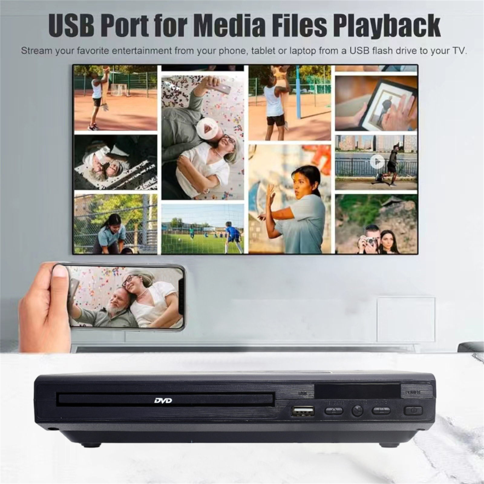DVD-Player mit USB-Anschluss. Zeigt Bilderstrom auf dem TV. Telefon zeigt Selfie.