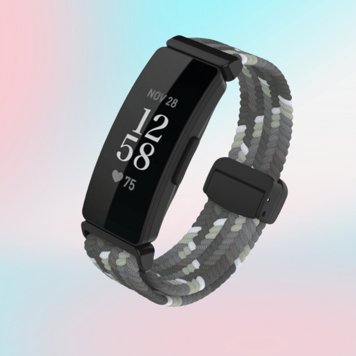 Schwarzer Fitnesstracker mit grauem, weißen und grünen geflochtenen Band, zeigt Zeit und Herzfrequenz.