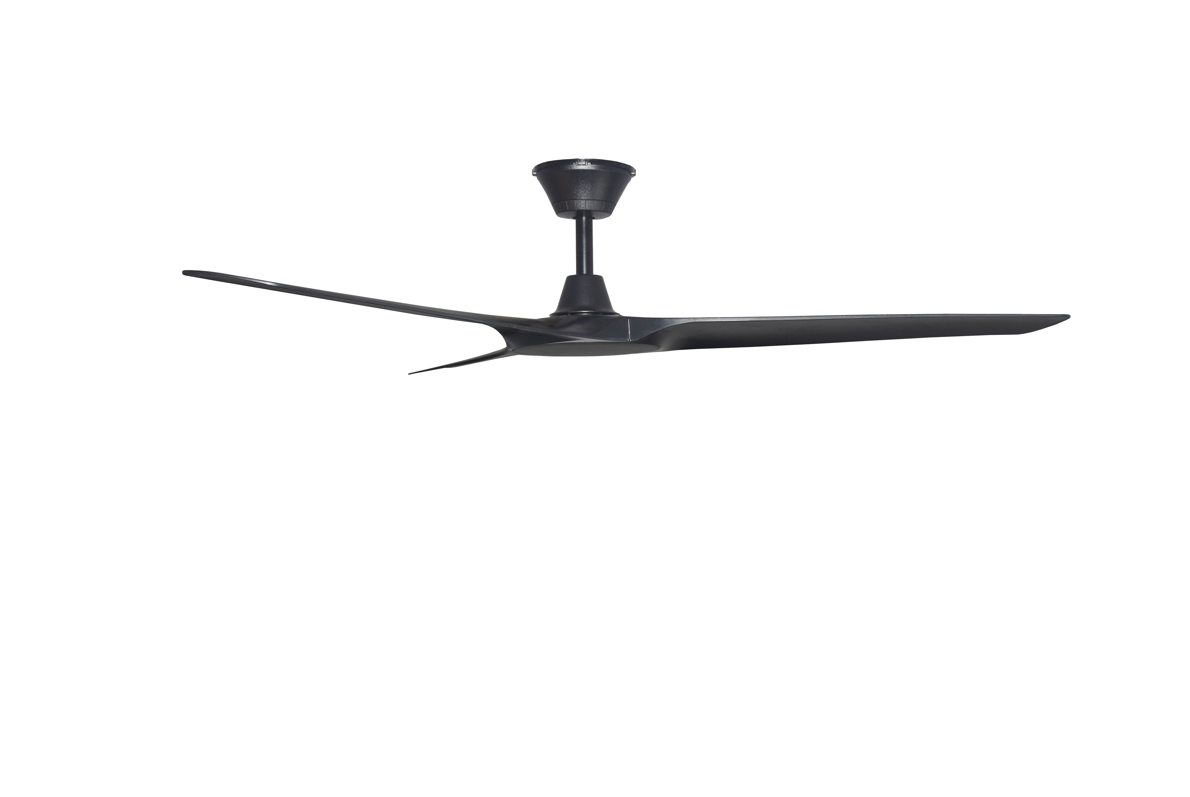 Schwarzer Deckenventilator mit zwei Flügeln, auf weißem Hintergrund. Der Ventilator ist eingeschaltet.