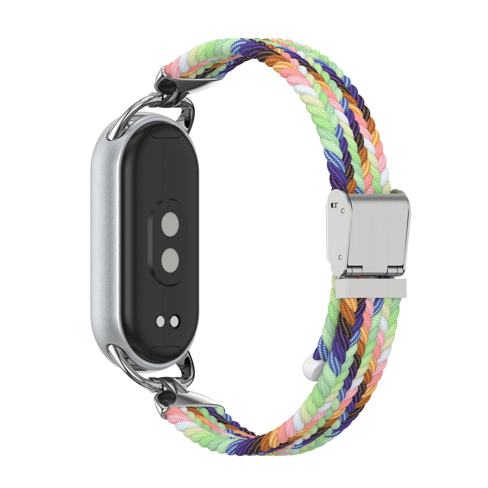 Cinturino intrecciato multicolore con chiusura argentata attaccato a un fitness tracker argentato.