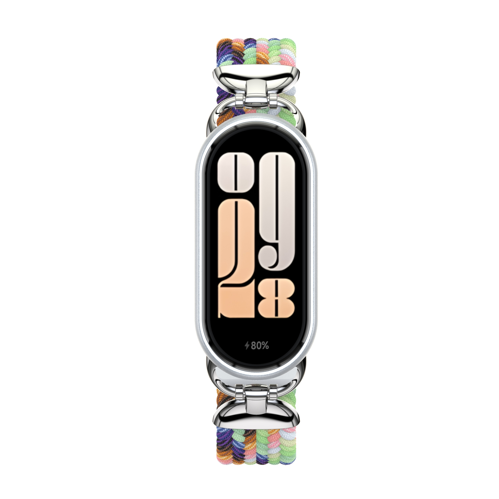Smartwatch con cinturino intrecciato colorato. Il quadrante mostra l'ora e la percentuale della batteria.