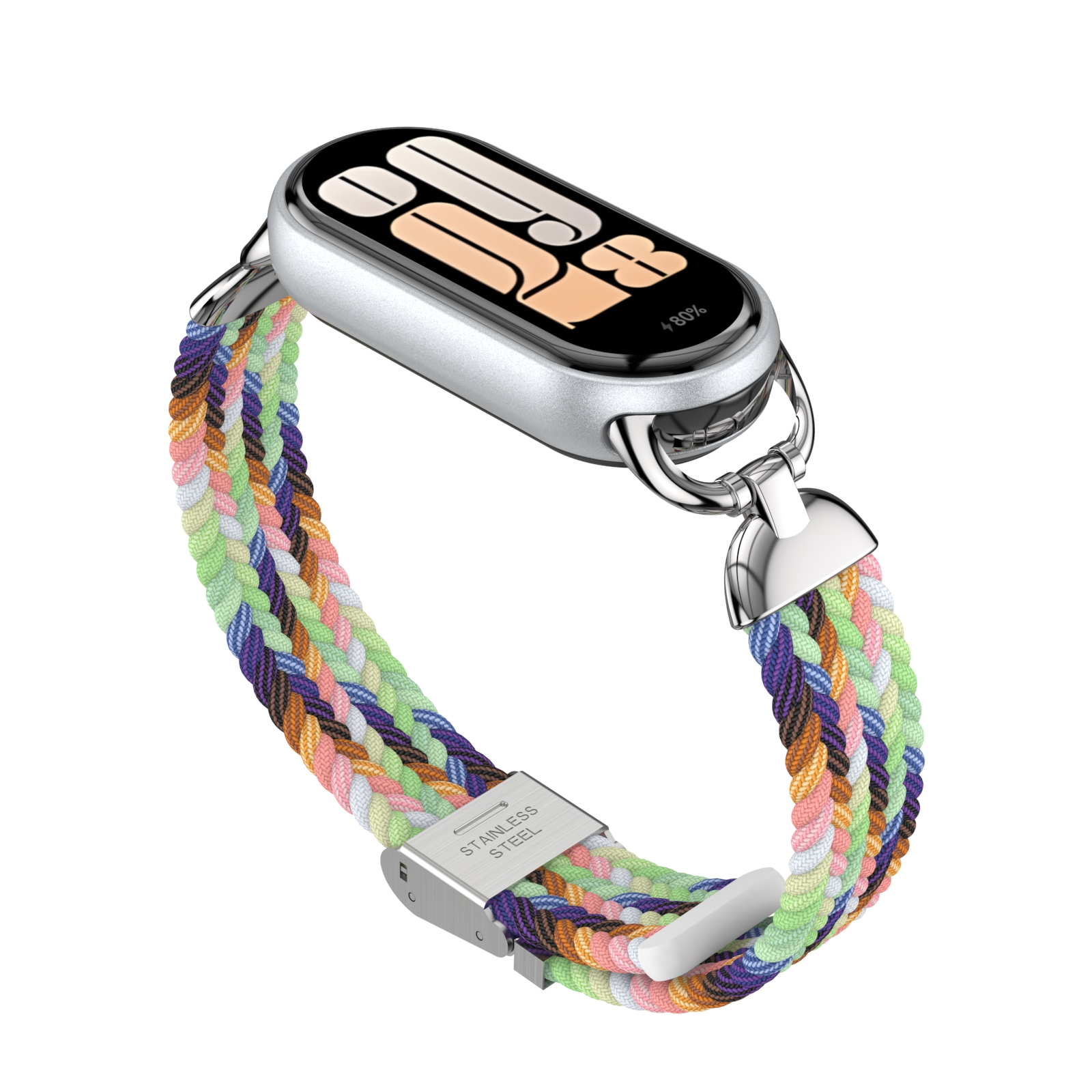 Cinturino intrecciato multicolore con chiusura in acciaio inossidabile attaccato a uno smartwatch.