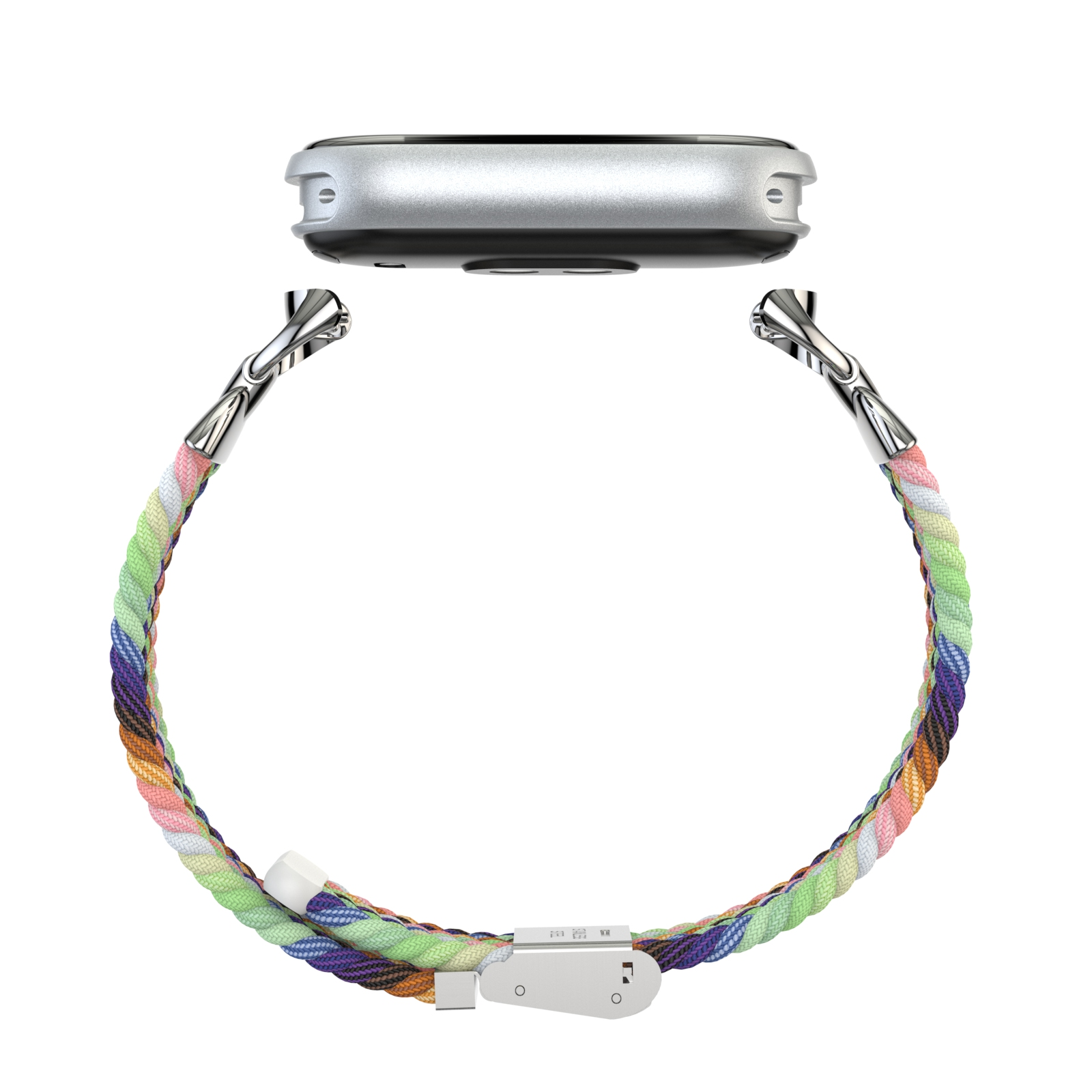 Cinturino smartwatch e parte superiore dell'orologio. Il cinturino è multicolore e l'orologio è argentato.