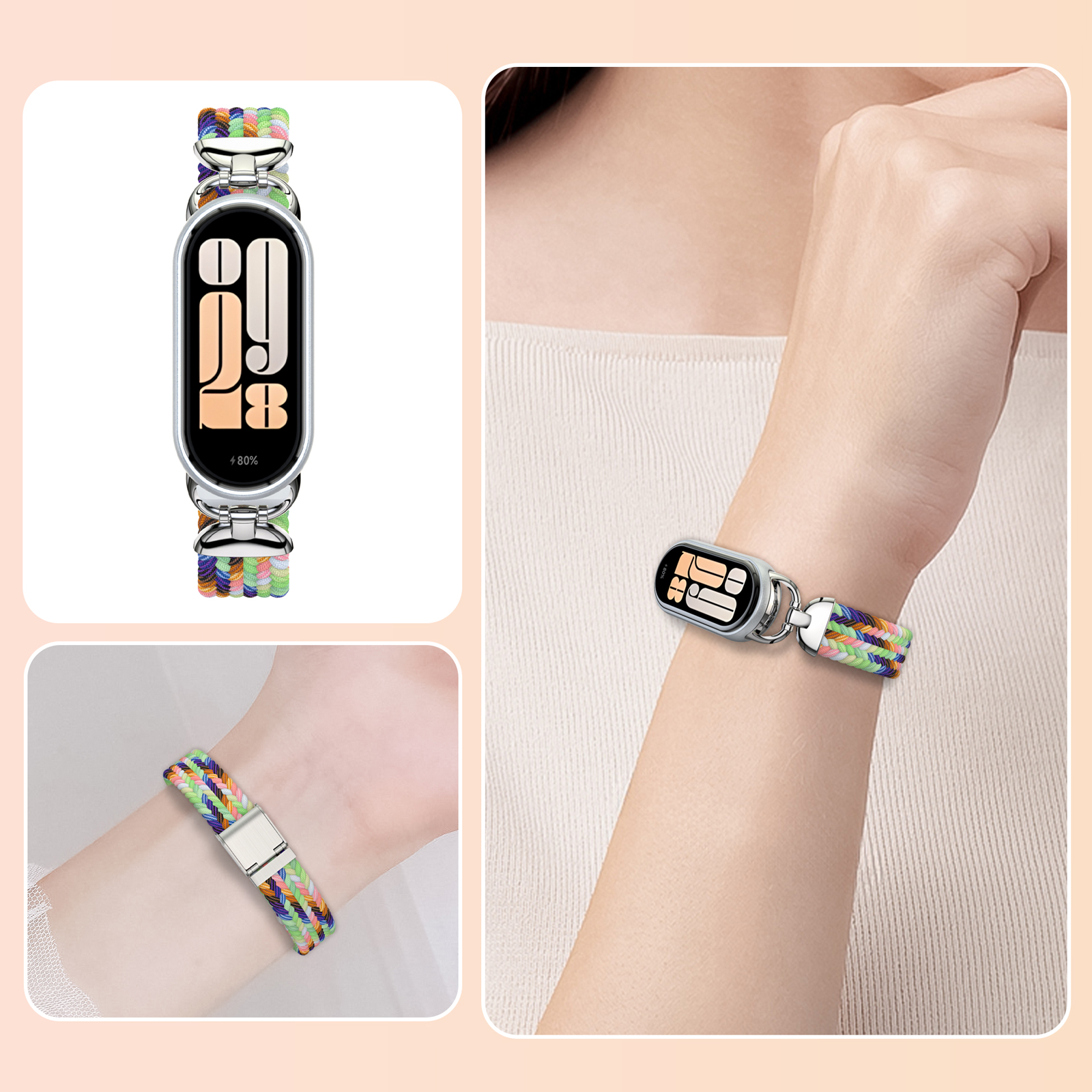 Smartwatch con cinturino intrecciato colorato. Mostrato al polso. Accessorio per tecnologia e moda.