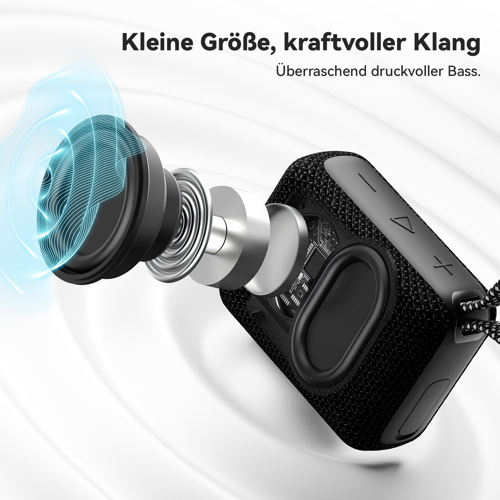 Schwarzer Lautsprecher, Schnittansicht, zeigt interne Komponenten, einschließlich des Lautsprechers und der Platine.