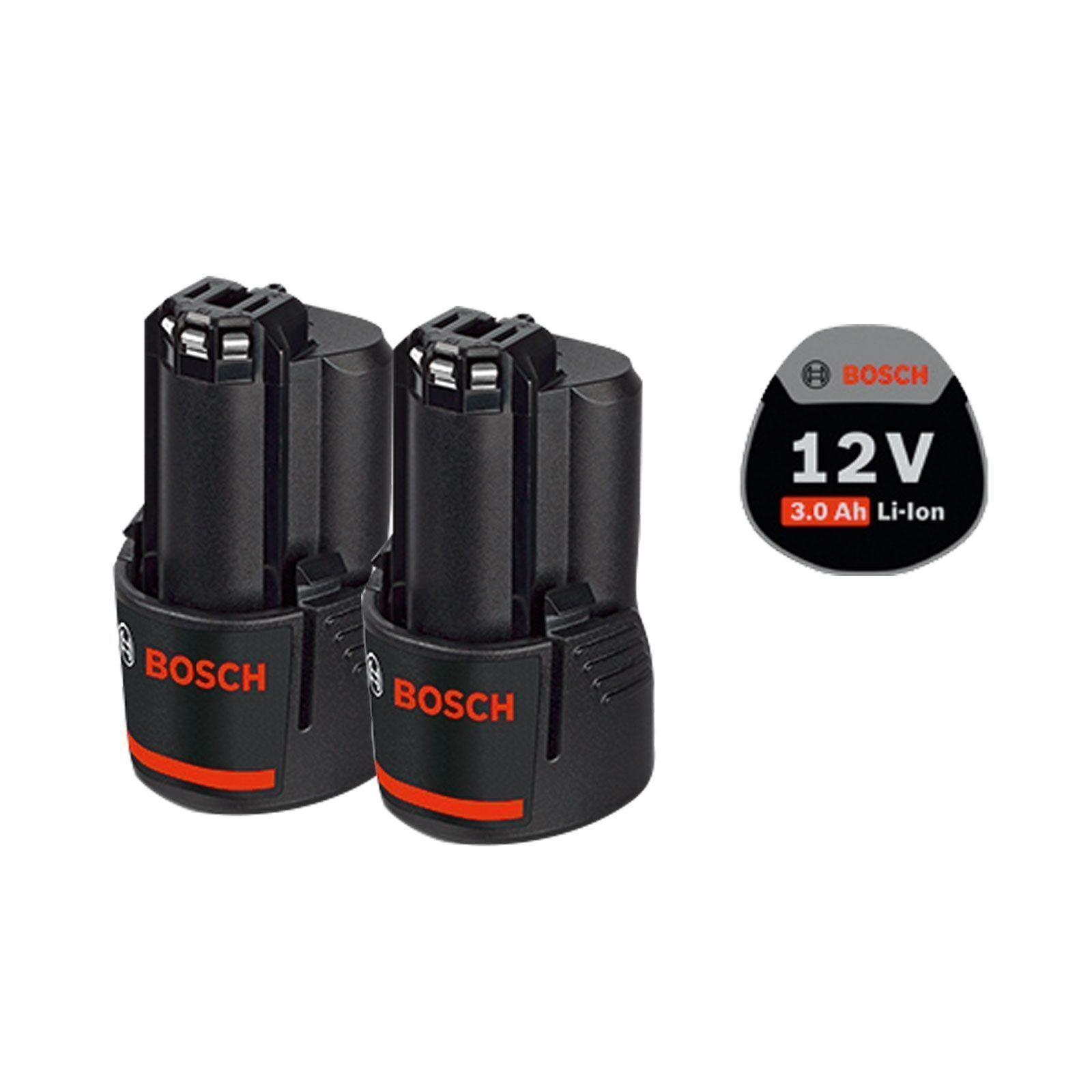 Zwei schwarze Bosch 12V 3,0Ah Li-Ion-Akkus mit Bosch-Logo und Etikett.