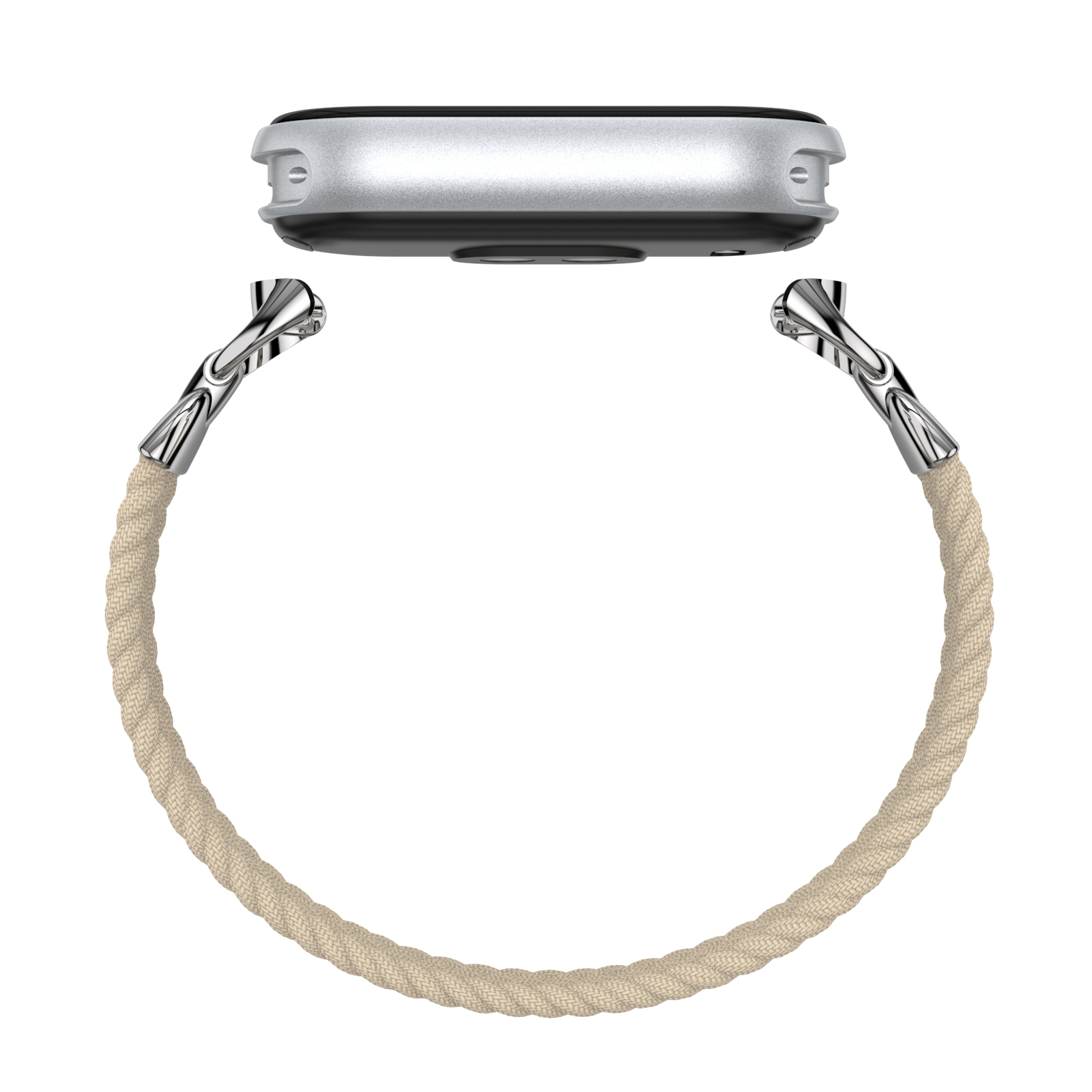 Cremefarbenes Uhrenarmband im Seilstil, silberne Schließe und ein Uhrengehäuse-Oberteil.