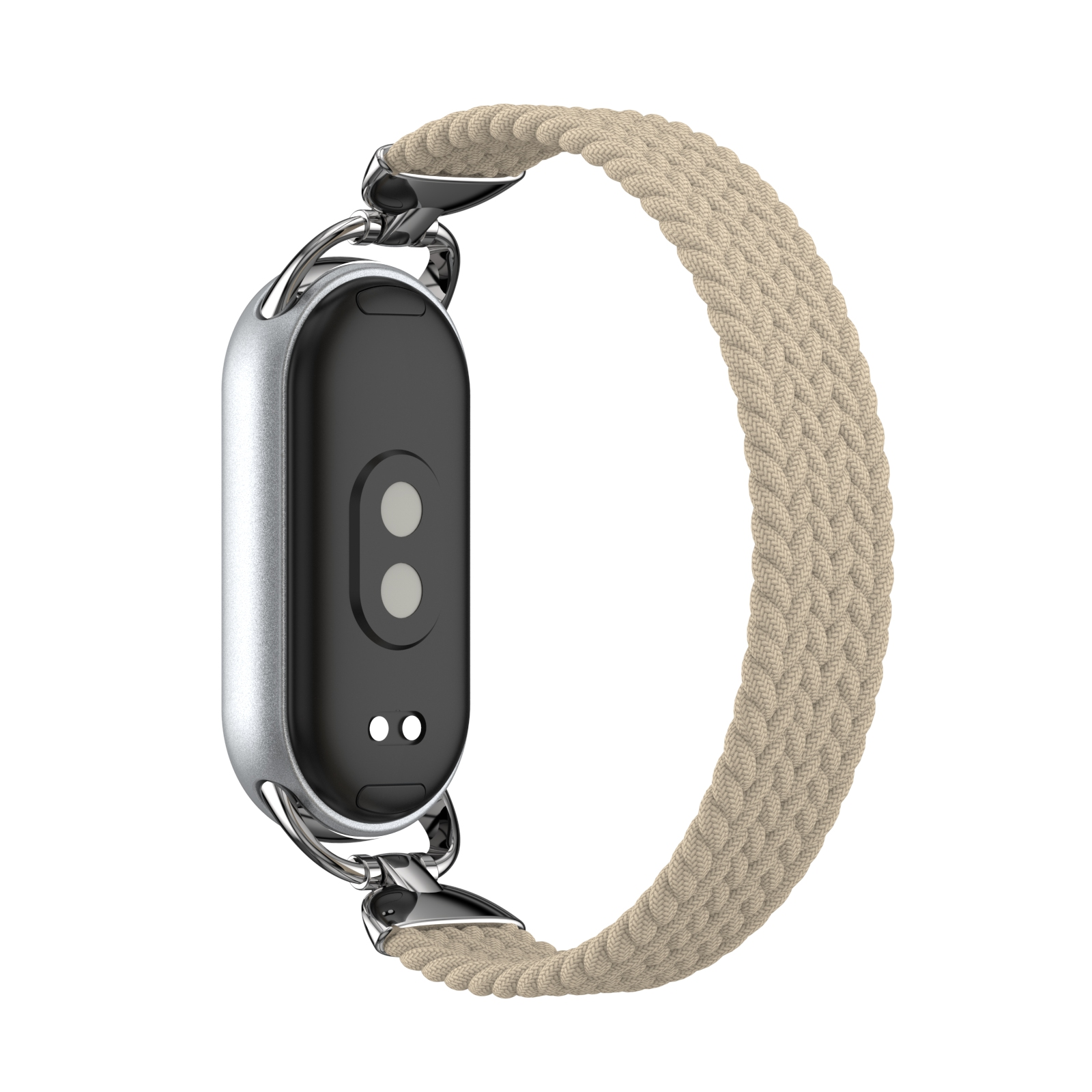 Ein Smartwatch-Armband in Beige, geflochtenes Design, verbunden mit einer schwarz-silbernen Uhr.