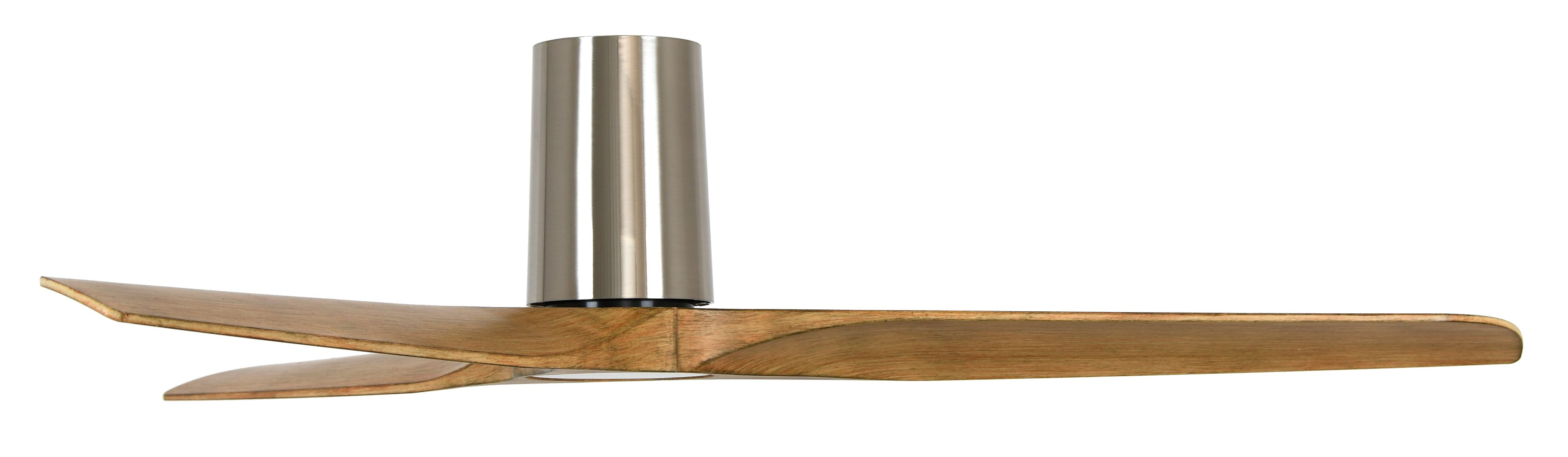 Deckenventilator mit zwei Holzblättern, die an einer silbernen zylindrischen Basis befestigt sind, weißer Hintergrund.