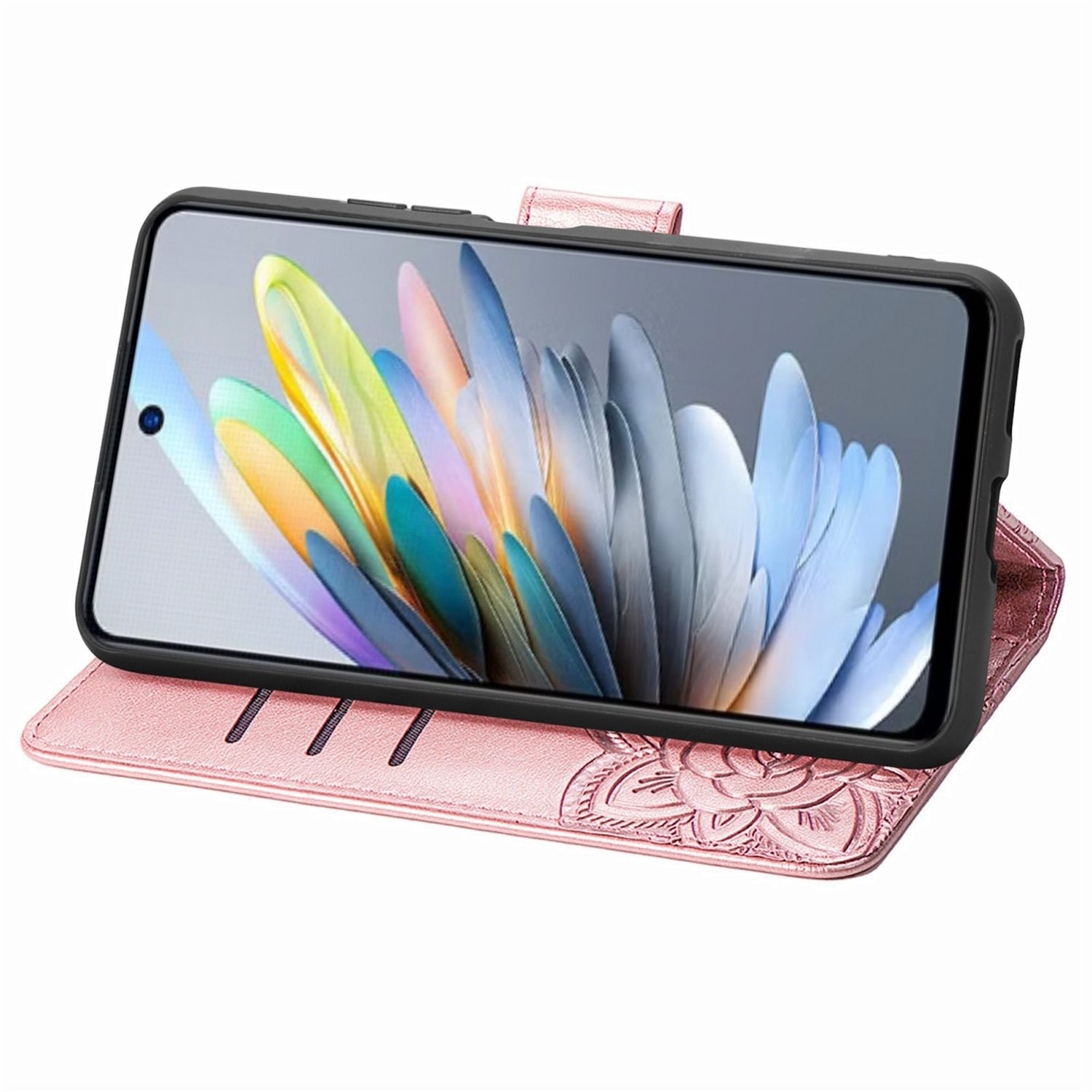 Eine rosa Handyhülle mit einem Telefon darin, das ein farbenfrohes Design zeigt. Weißer Hintergrund.