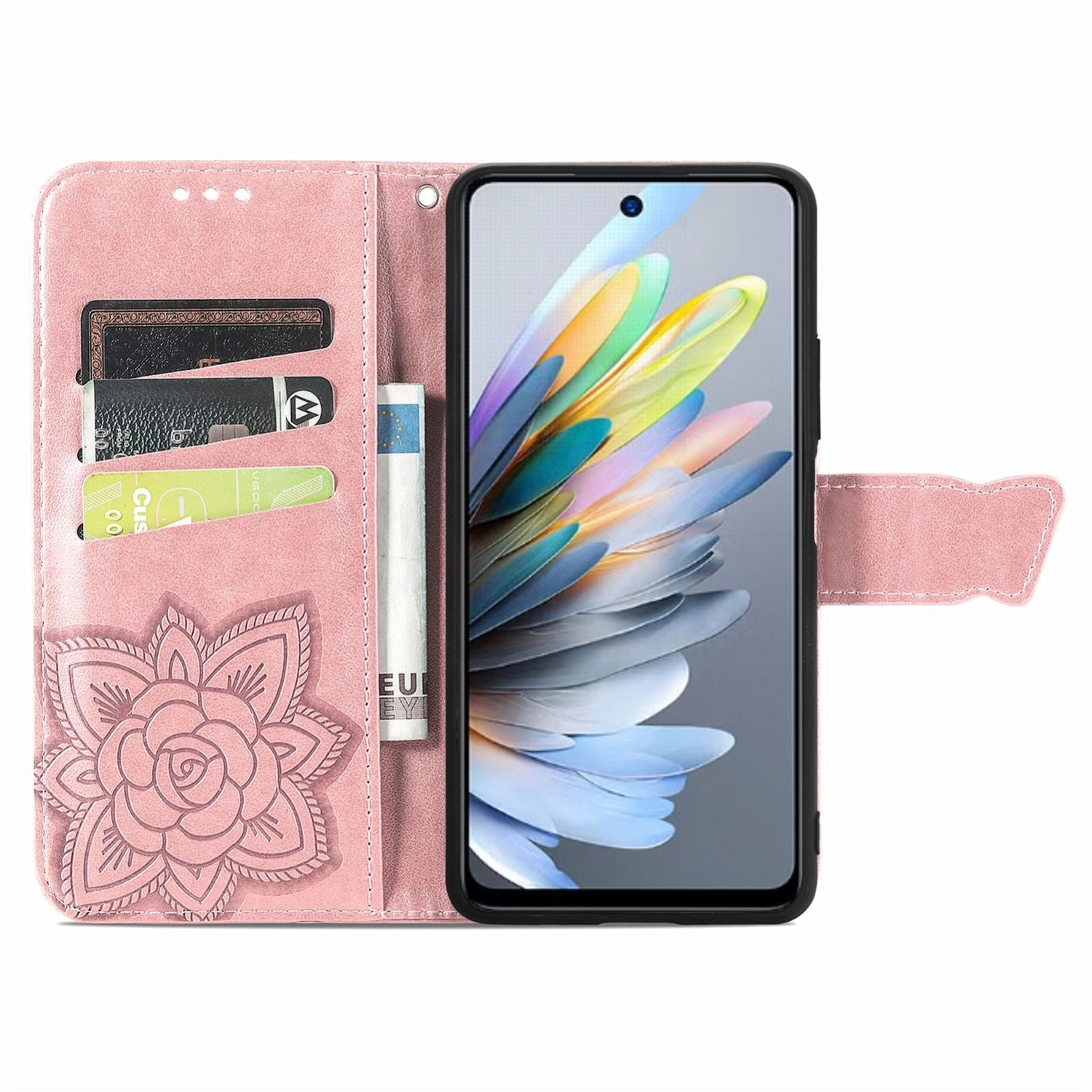 Rosa Handyhülle mit floralem Design und Kartenfächern. Telefon mit floralem Hintergrund.