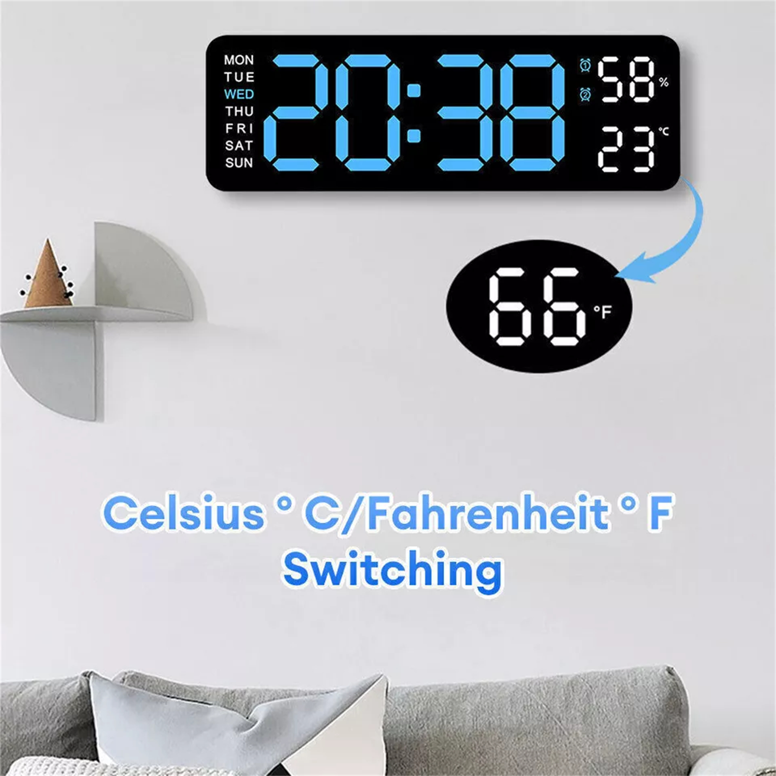 Digitaluhr mit Zeit- und Datumsanzeige, mit Celsius/Fahrenheit-Schalter, an einer weißen Wand.