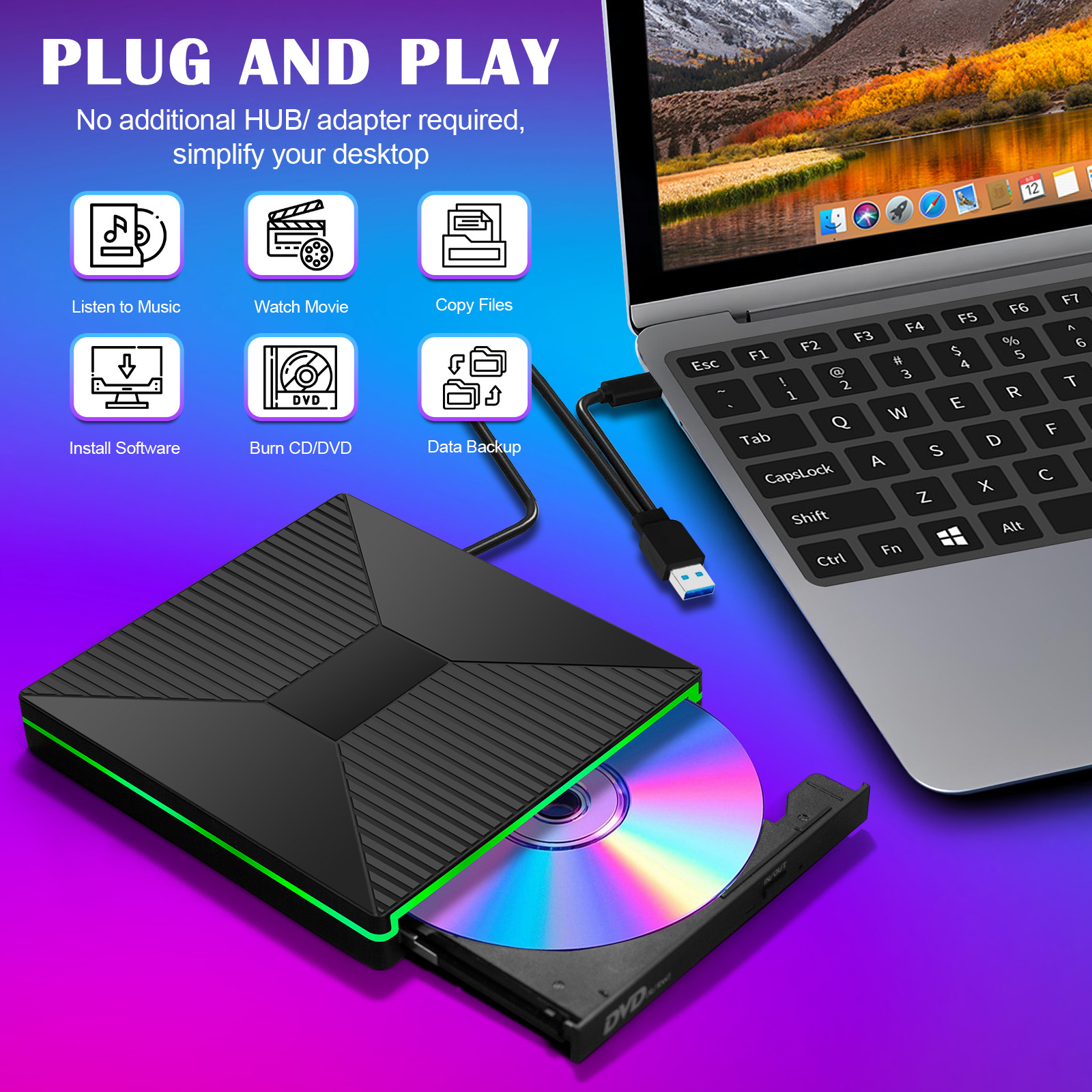 Schwarzes Gerät mit eingelegter Disc. Ein Laptop ist über USB verbunden. Symbole für verschiedene Funktionen werden angezeigt.