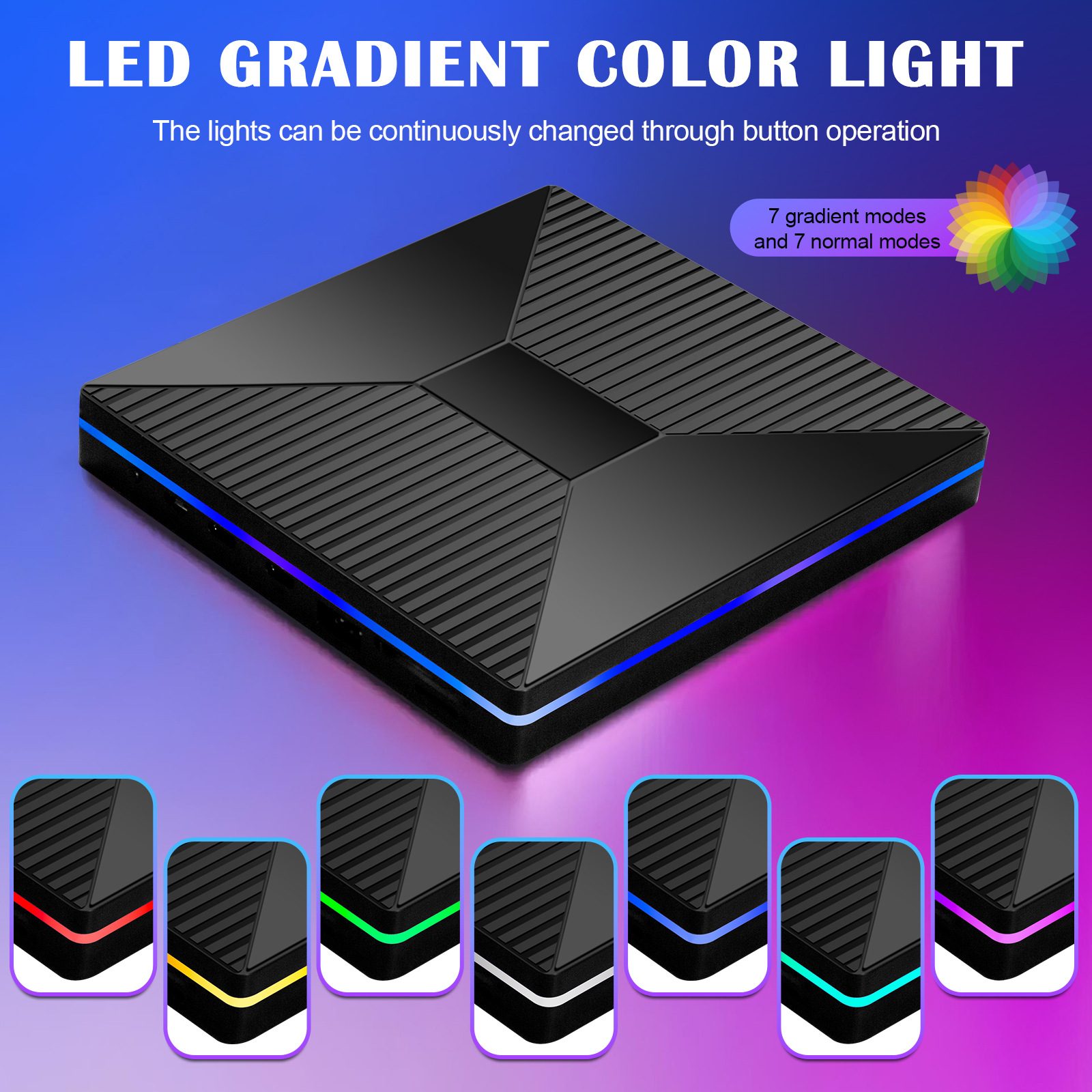 Schwarzes quadratisches LED-Gerät mit Farbverlaufslicht. Farbmodi sind unten gezeigt. Text sagt 'LED Gradient Color Light'.