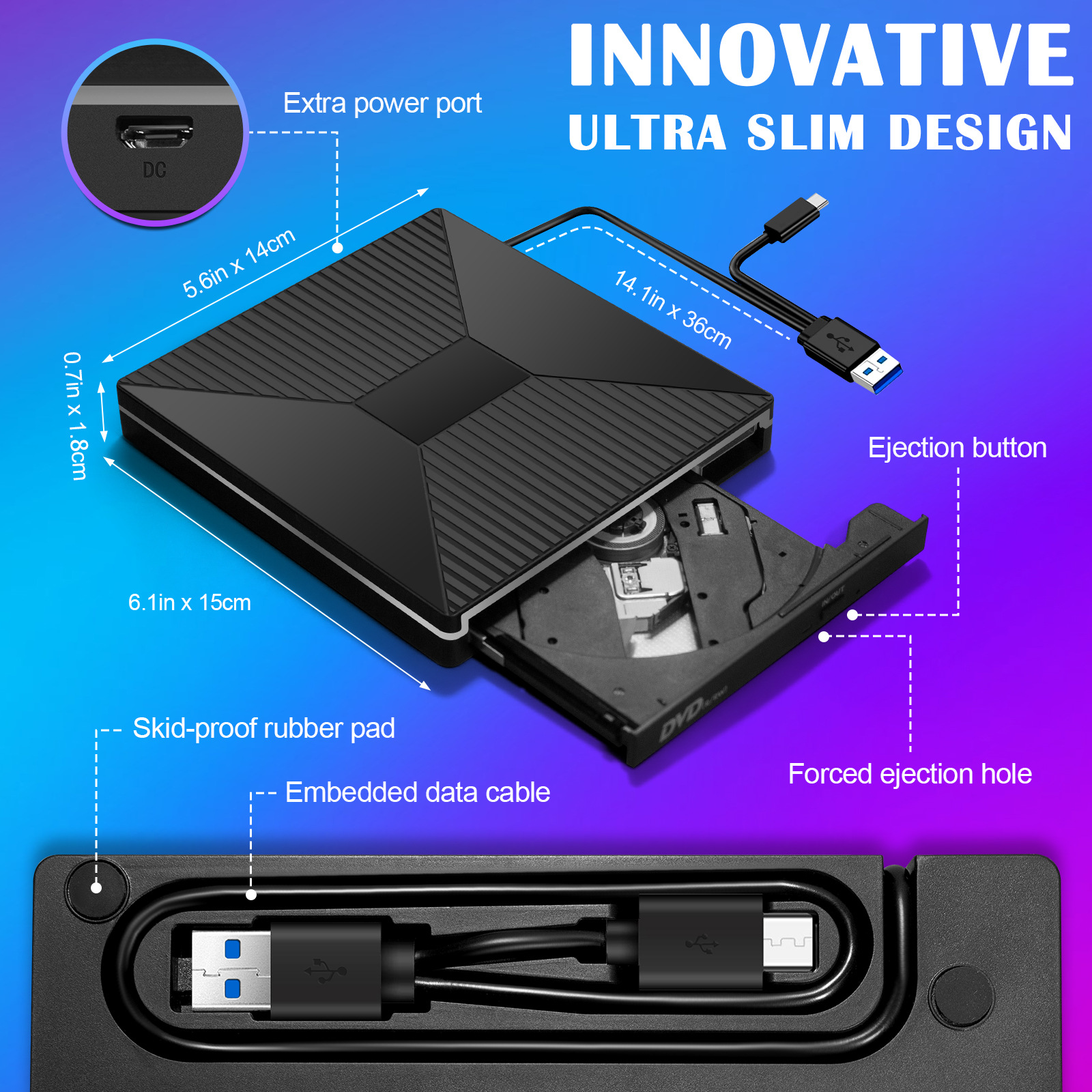 Schwarzes externes DVD-Laufwerk mit Etiketten, die Maße und Funktionen zeigen, mit einem USB-Kabel.