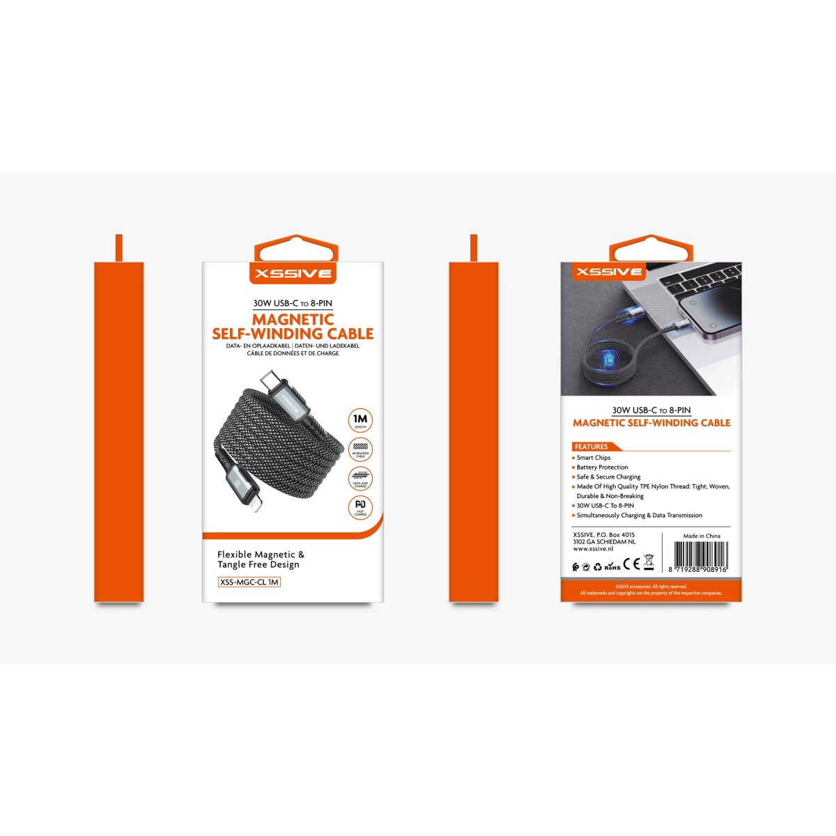 Verpackung mit einem schwarz-weiß geflochtenen USB-C-zu-8-Pin-Magnetladekabel mit Branding.