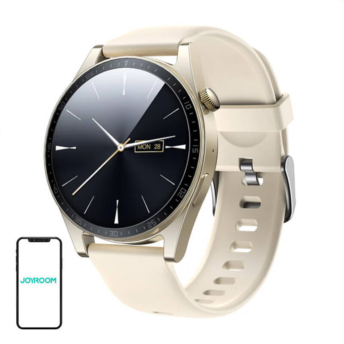 Goldene Smartwatch mit schwarzem Zifferblatt. Ein Telefon mit Joyroom-Logo.