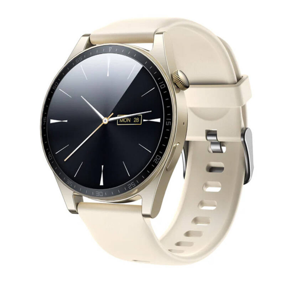 Goldene Smartwatch mit schwarzem Bildschirm, der das Datum anzeigt. Das Armband ist cremefarben. Der Hintergrund ist weiß.