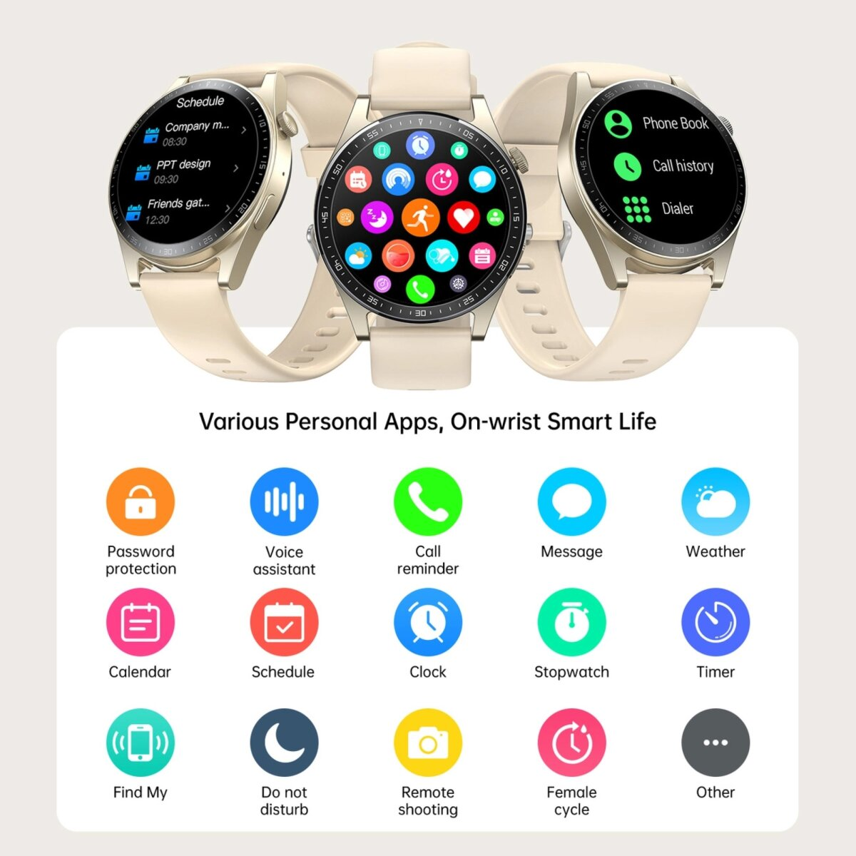 Drei Smartwatches, die Apps anzeigen: Zeitplan, Telefonbuch und App-Symbole, mit cremefarbenen Bändern.