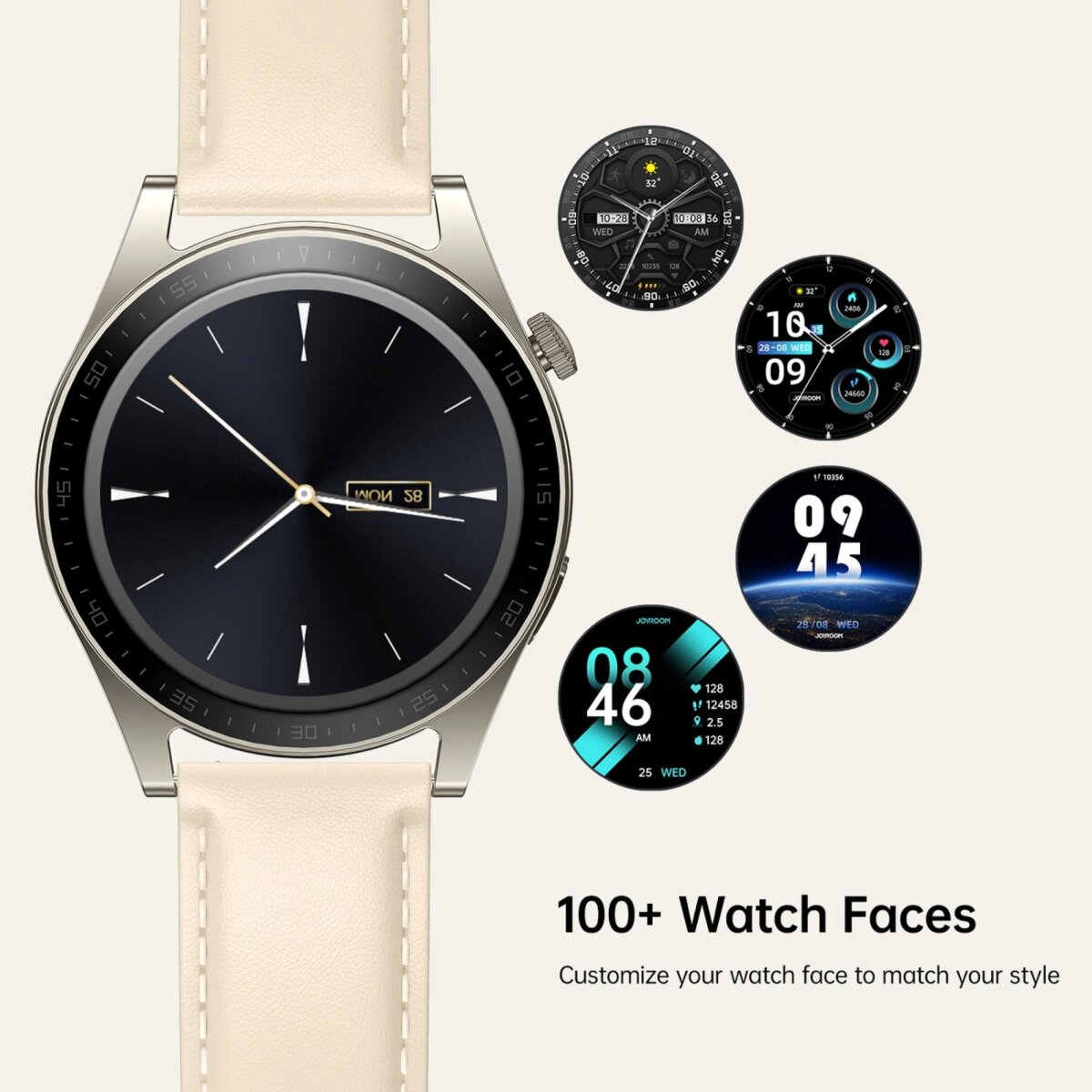 Eine cremefarbene Smartwatch mit mehreren Zifferblättern, die zur Seite angezeigt werden.