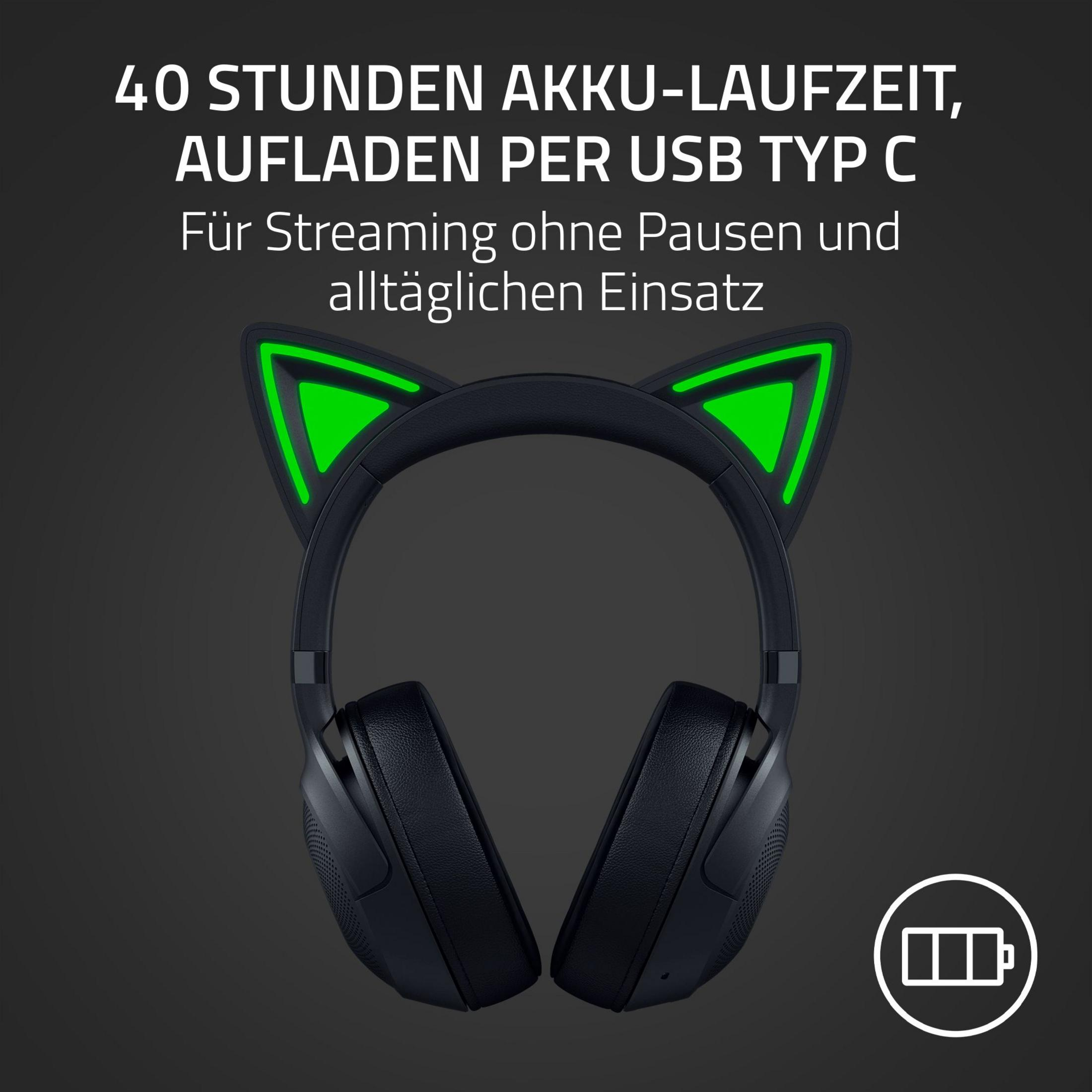Czarne słuchawki z uszami kota z tekstem o baterii i USB-C.
