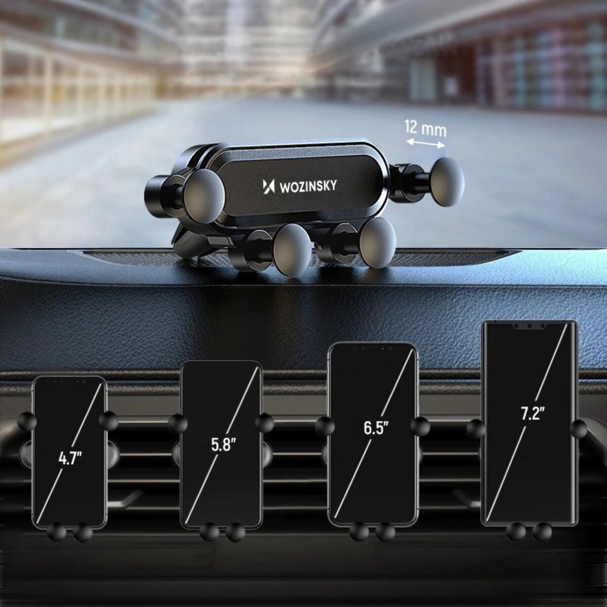 Czarny uchwyt do telefonu z telefonami o różnych rozmiarach na desce rozdzielczej.