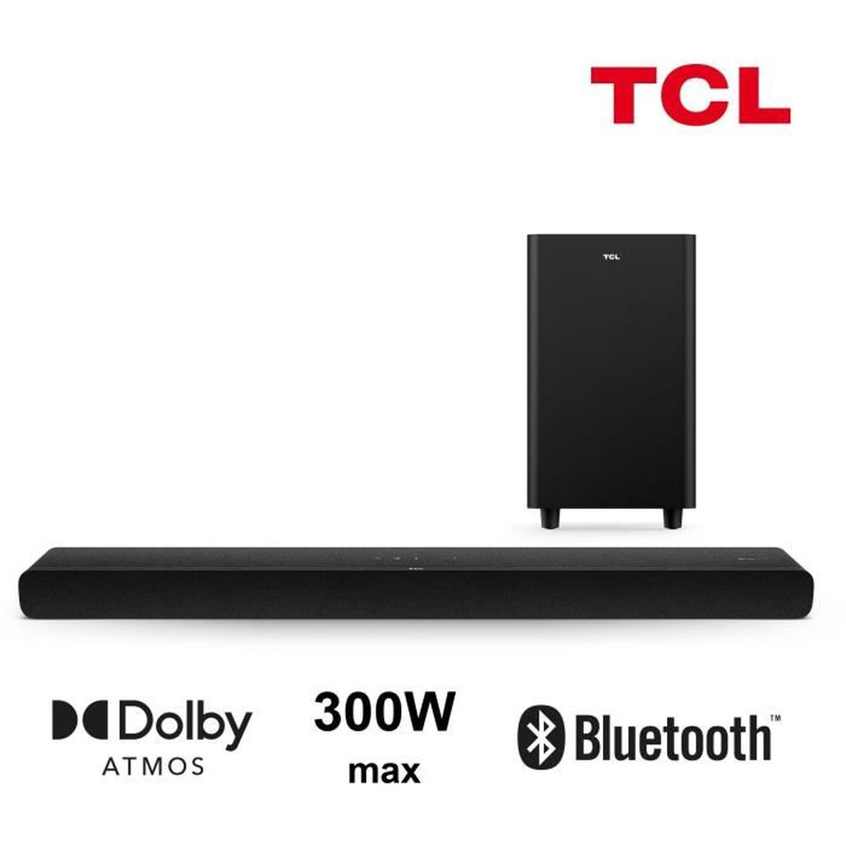 Soundbar i subwoofer TCL, czarne, z logo Dolby Atmos i Bluetooth.