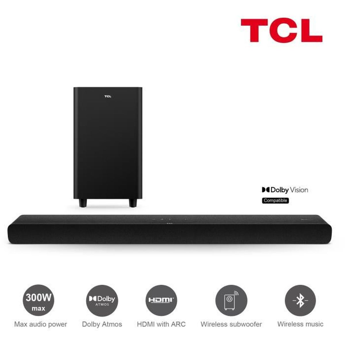 Czarny soundbar i subwoofer, logo TCL, białe tło.