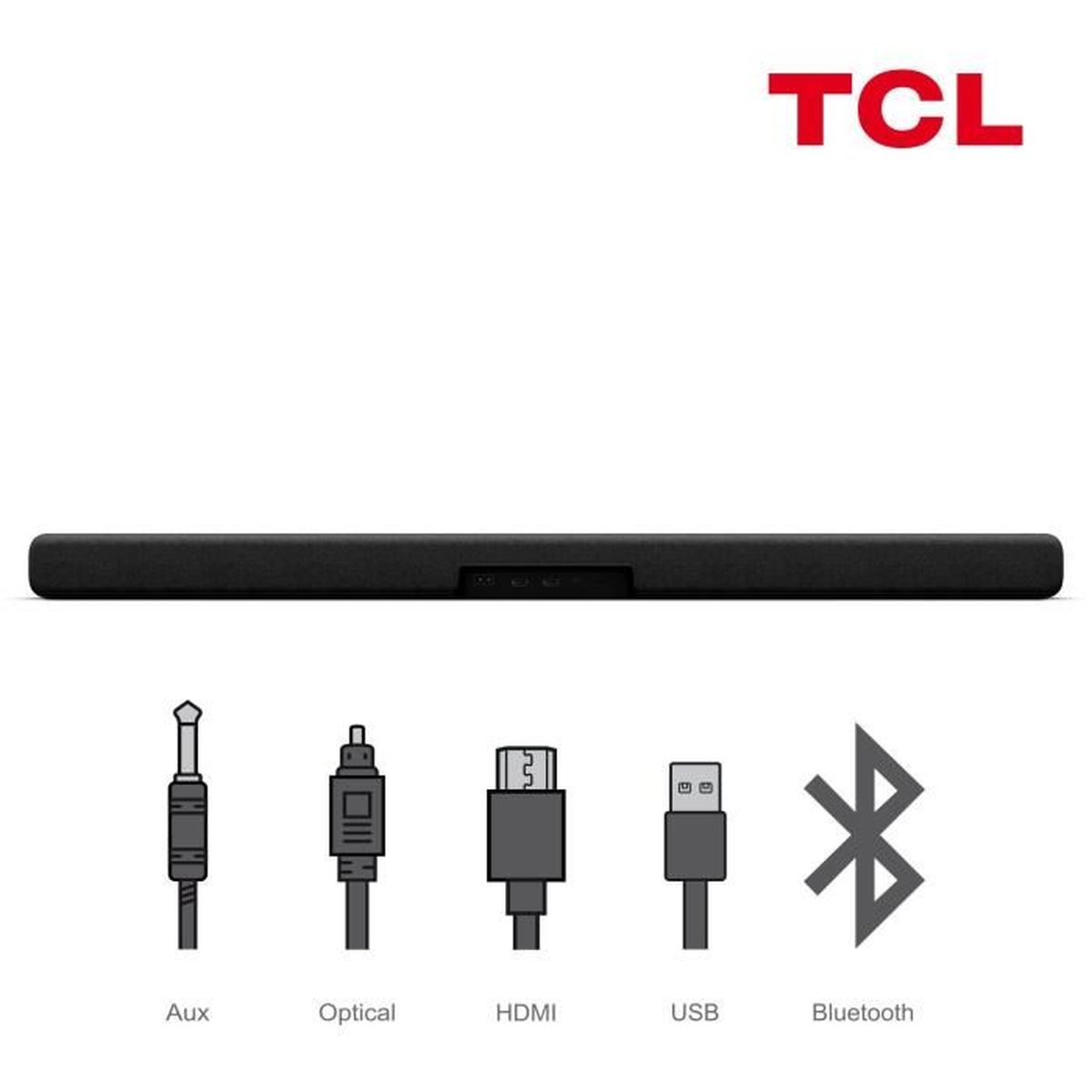 Czarny soundbar z wejściami, logo TCL, białe tło.