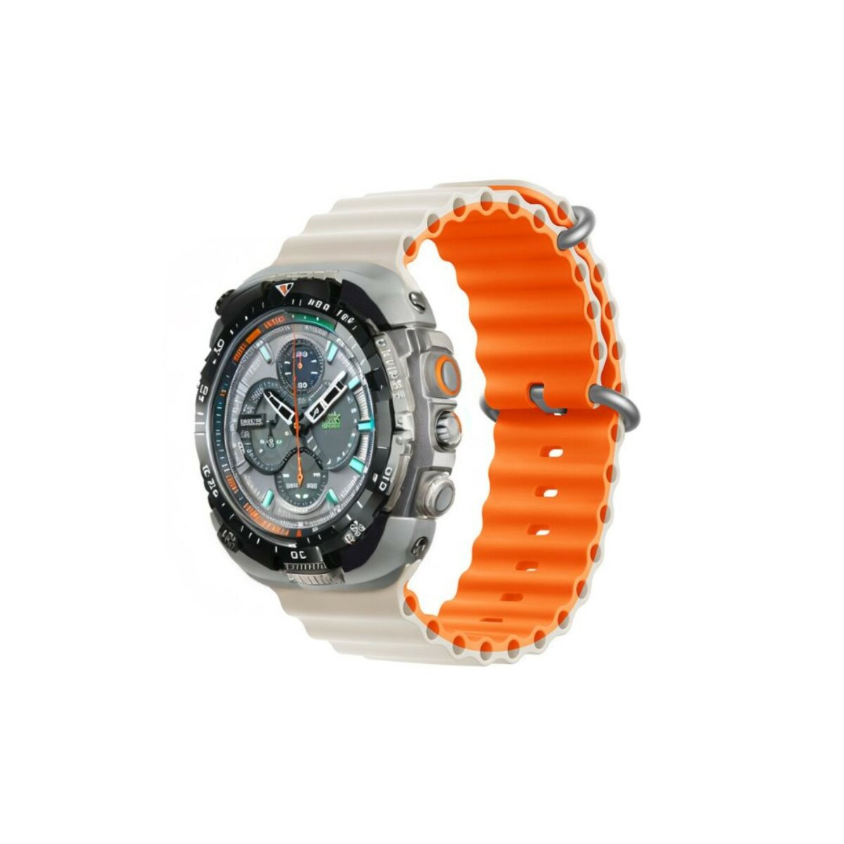 Smartwatch argento e arancione, sfondo bianco.