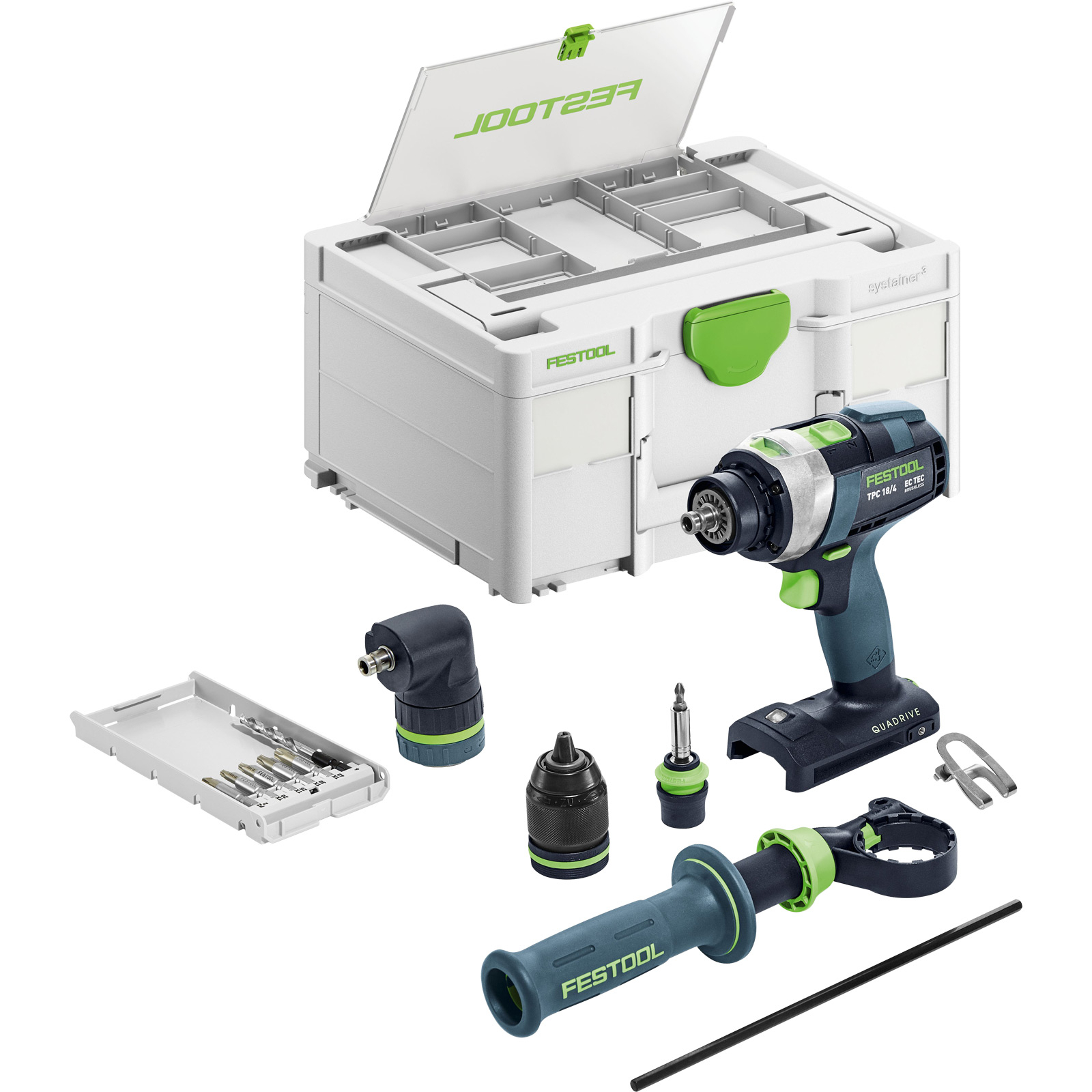 Ein Festool-Bohrer-Set mit Zubehör. Enthält einen Koffer, Bohrer, Bits und Griff. Weißer Hintergrund.