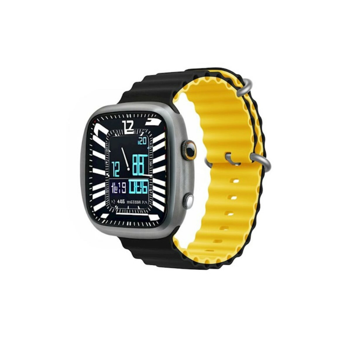 Eine Smartwatch mit einem schwarz-gelben Armband, Digitalanzeige mit Uhrzeit.