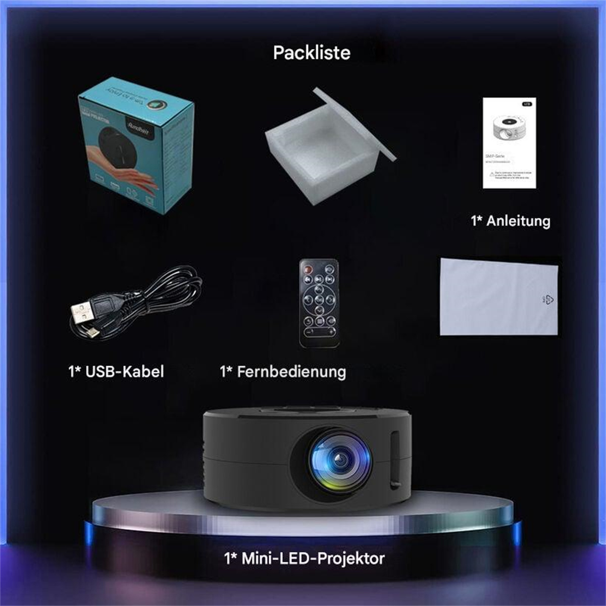 Eine organisierte Packliste mit Projektor, Kabel, Fernbedienung und Anweisungen.