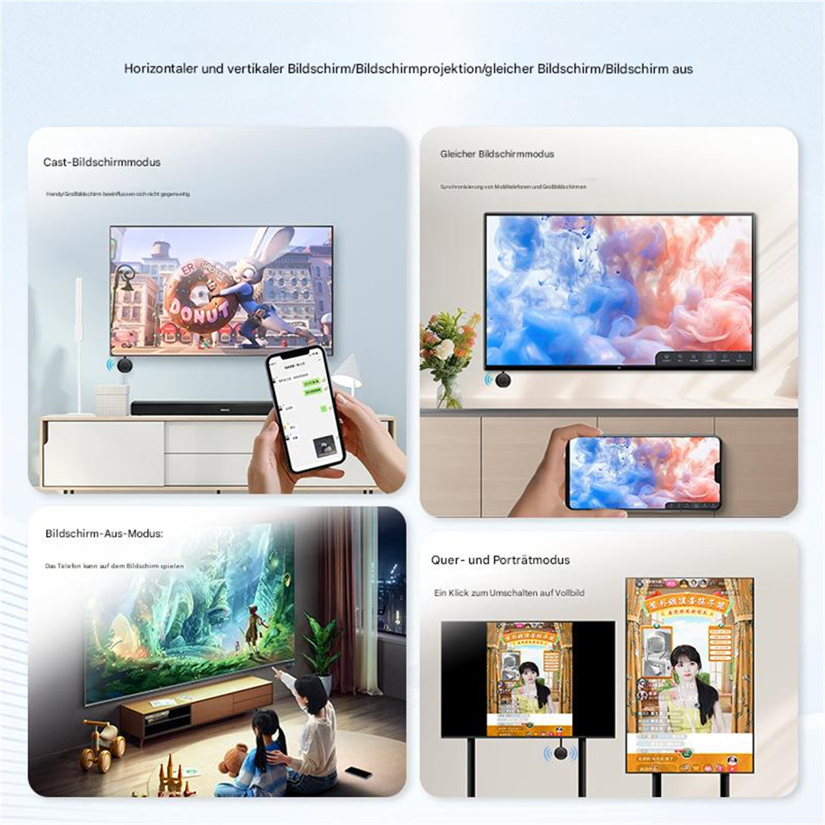 Sammlung von vier Bildern, die Bildschirmspiegelung auf verschiedenen Setups zeigen: TV, Telefon, Projektor.