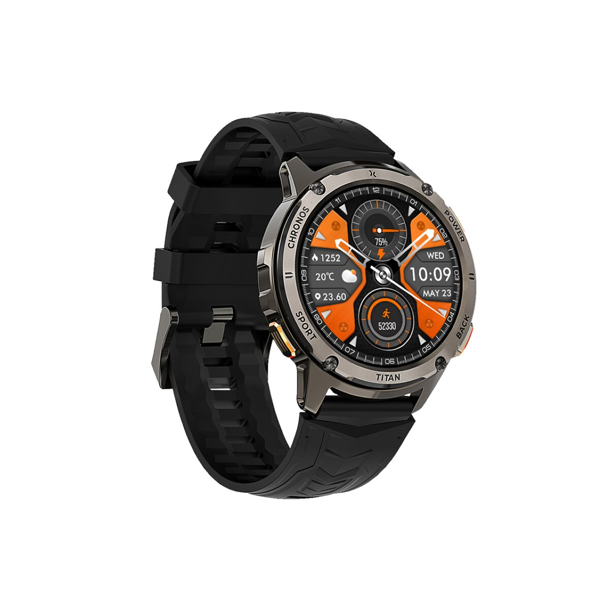 Eine schwarze Titan Smartwatch mit rundem Zifferblatt. Sie zeigt eine Digitaluhr und Aktivitätsdaten an.