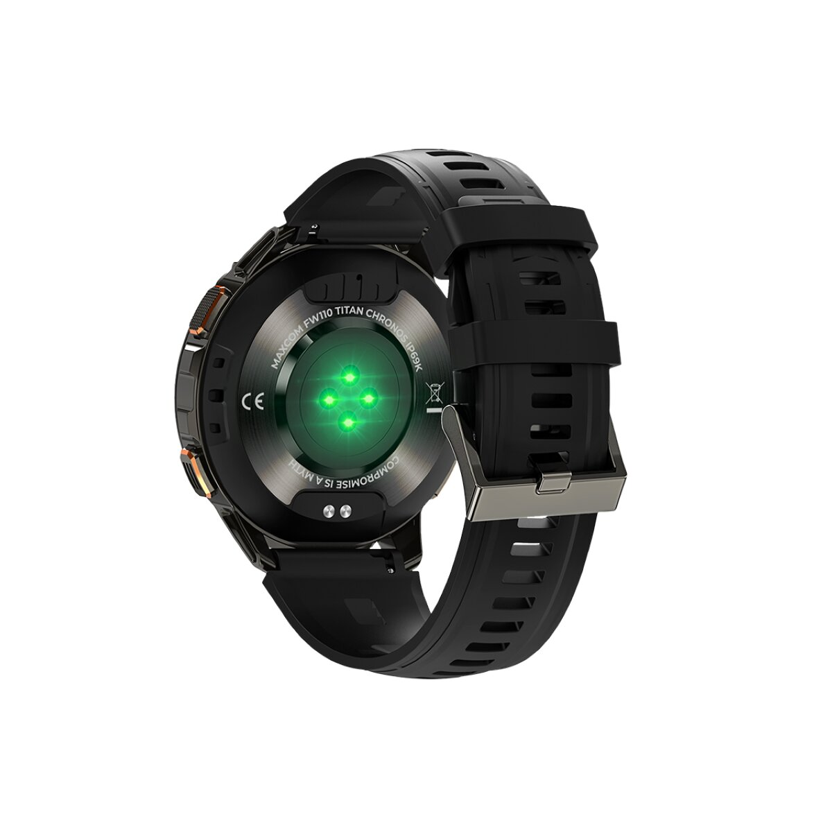 Die Rückseite einer schwarzen Titan Smartwatch. Sie hat Sensoren und Ladepunkte, vor weißem Hintergrund.