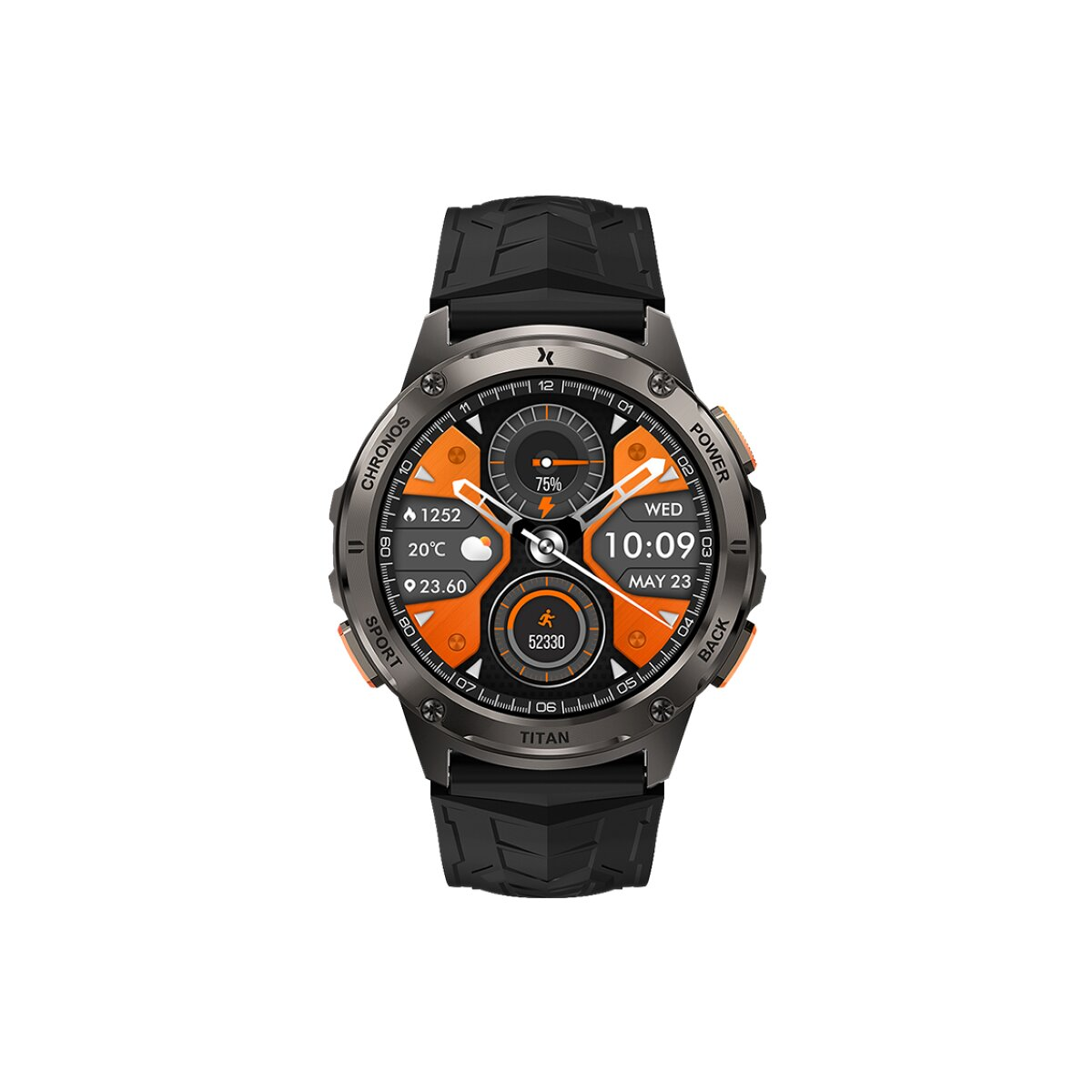 Eine schwarze Titan Smartwatch mit rundem Zifferblatt. Sie zeigt eine Digitaluhr und Aktivitätsdaten an.