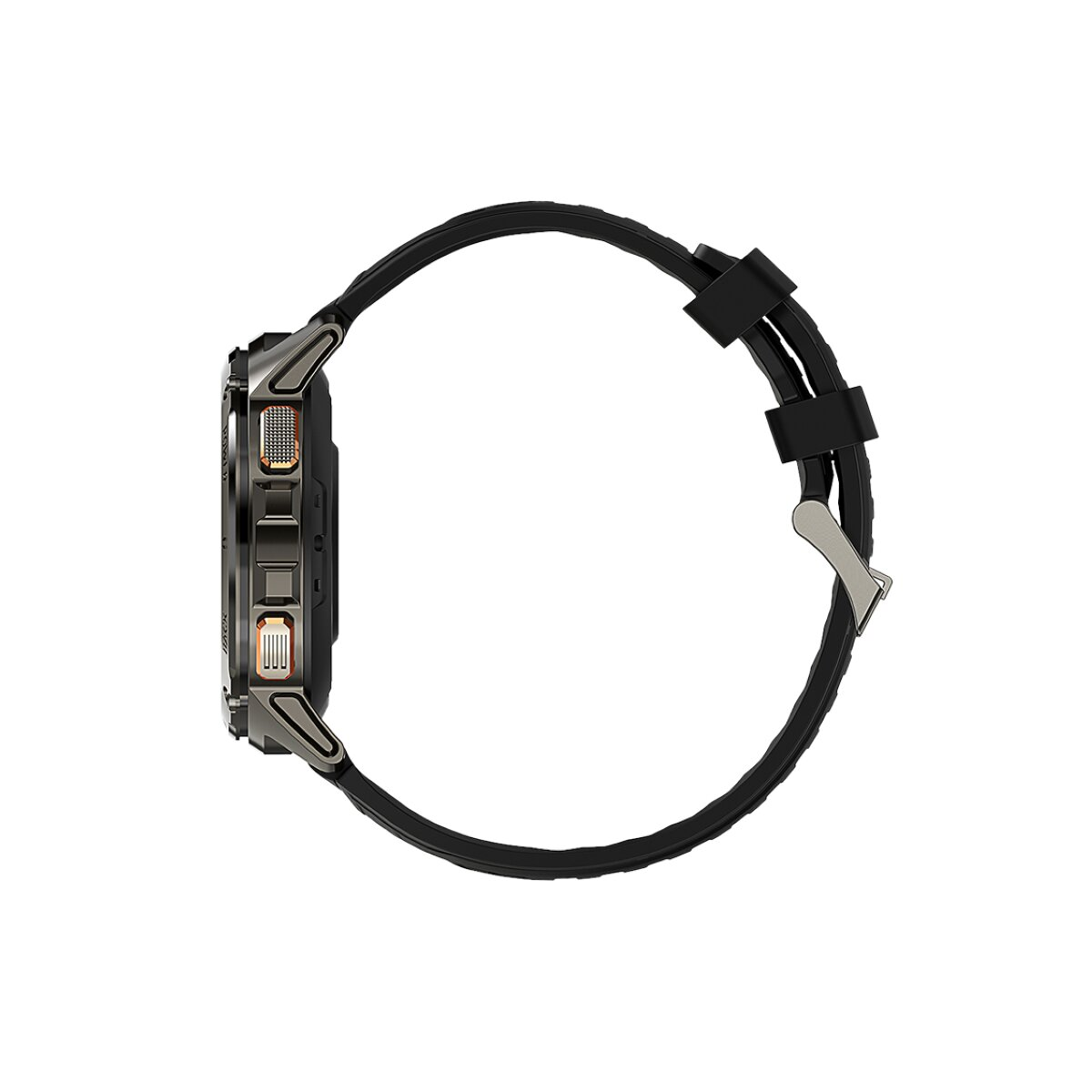 Seitenansicht einer schwarzen Titan Smartwatch mit schwarzem Armband und silberner Schließe.