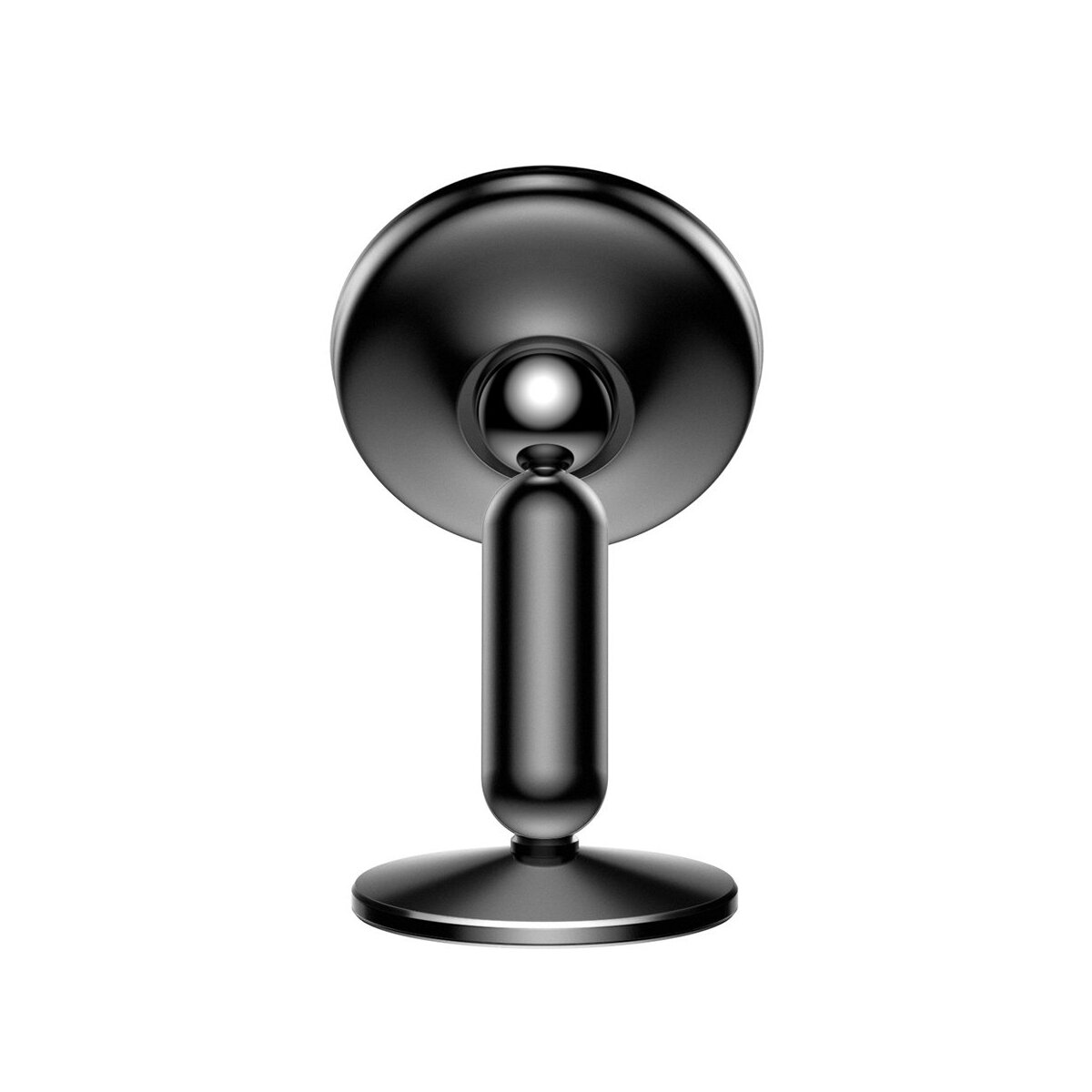 Czarny uchwyt samochodowy na telefon z podstawą i przegubem kulowym. Na białym tle.